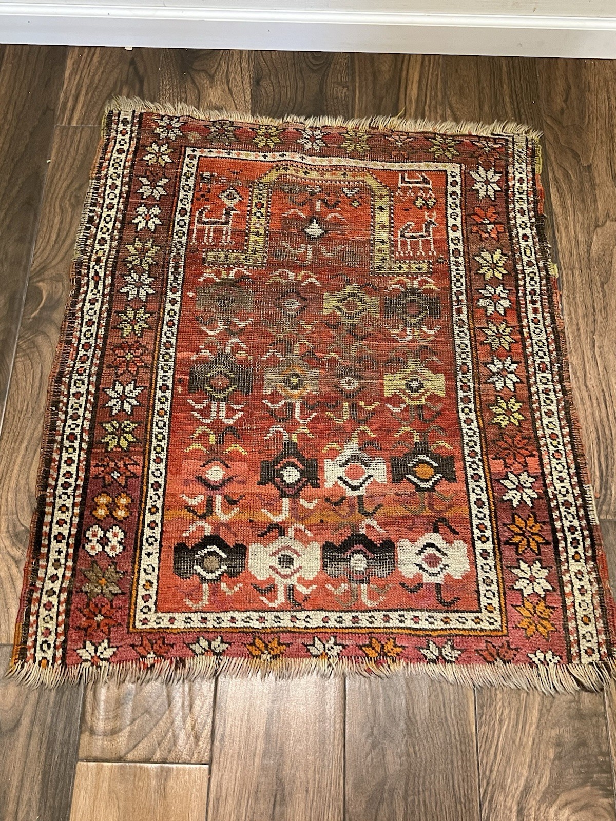 Antique Caucasian Prayer Rug Kuba Derbent Hand Knotted Wool Tribal Deer 33”x36”
