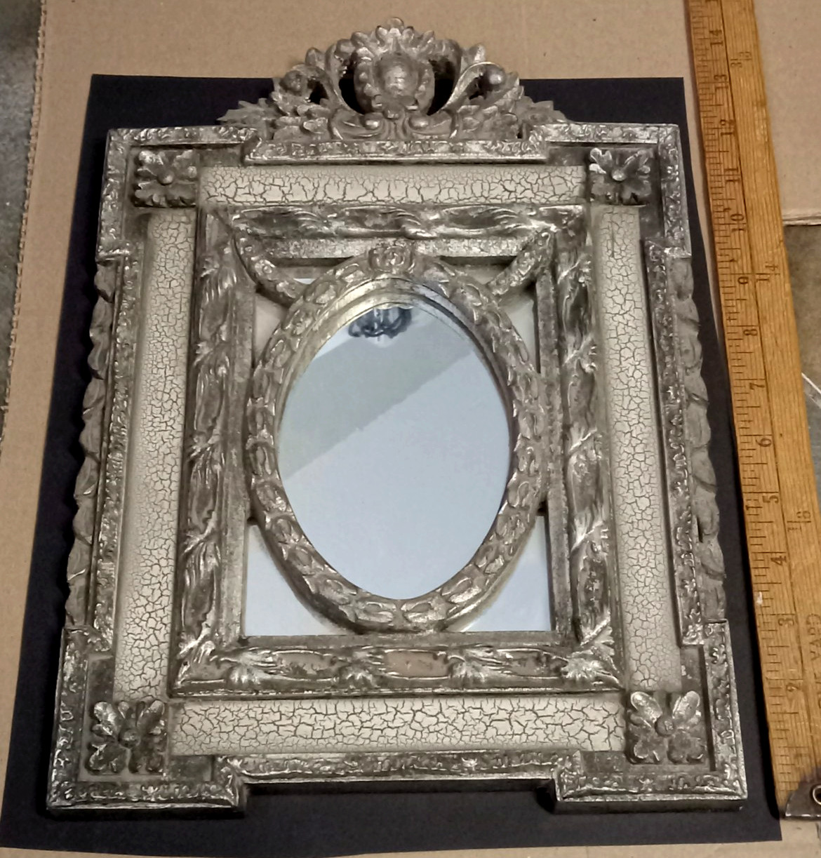 Vintage Ornate Pewter? Metal Mirror Frame 13.75″ x9.5″ Heavy BEAUTIFUL!