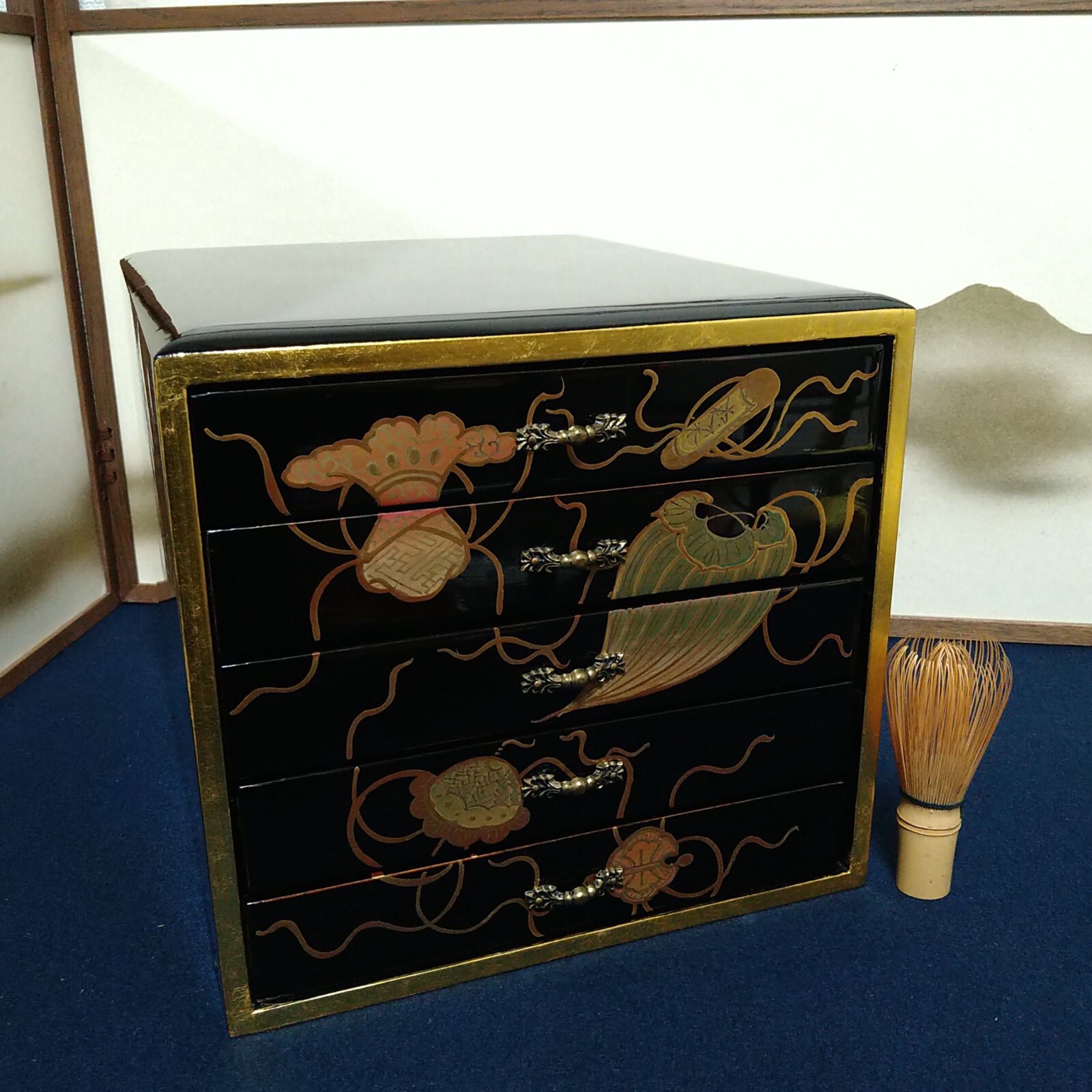 Japanese Lacquer Five-Drawer Small Jewelry Box Tansu 10.04inch Makie Gold Leaves