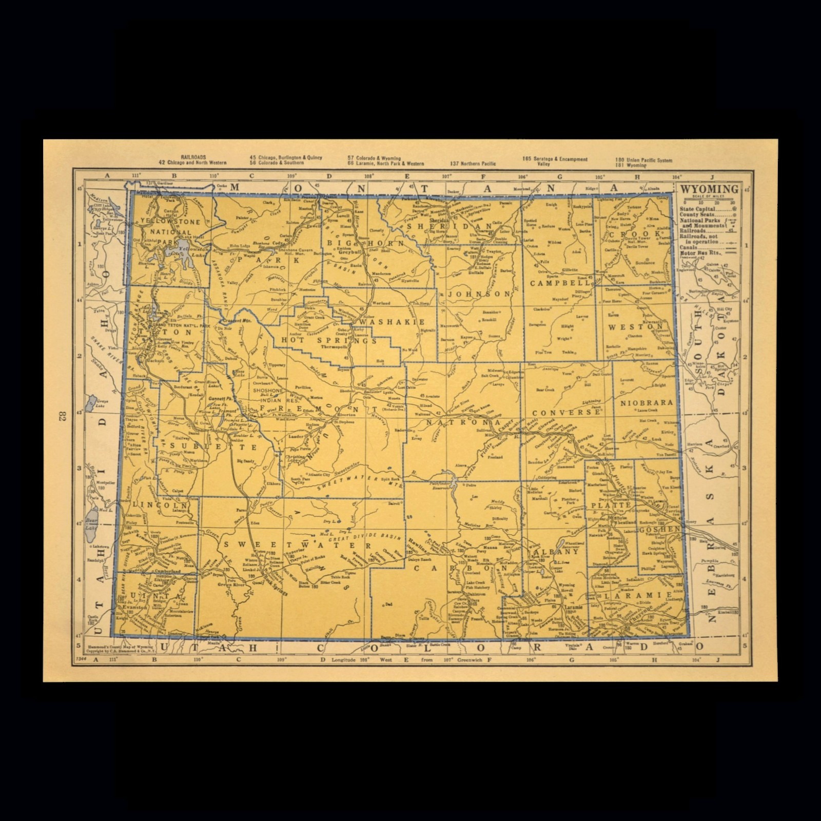 ca1939 WYOMING Railroad Map Original Atlas Map Depot Towns CBQ RR Historic