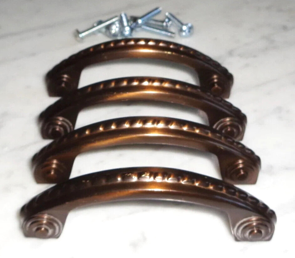 4 Vintage Bronze Brown Bullseye Scroll Cabinet Door Drawer Pull Handles