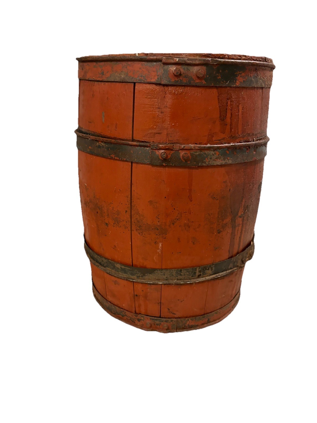 Antique Red Wooden And Steel Shellac Barrel With Cork 15 inches tall 11 wide