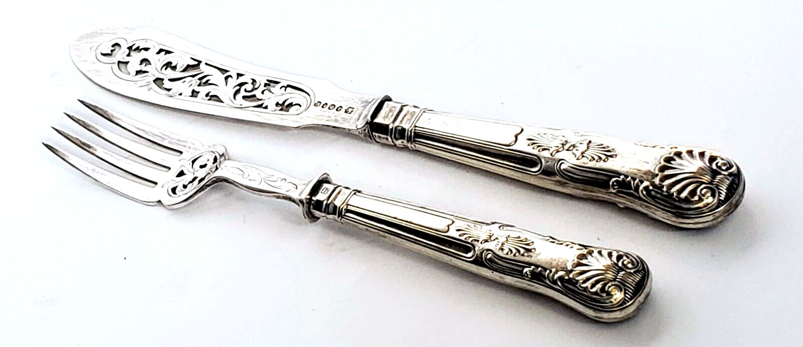 ANTIQUE VICTORIAN LONDON STERLING SILVER FISH SERVING SET – PIERCED KNIFE & FORK