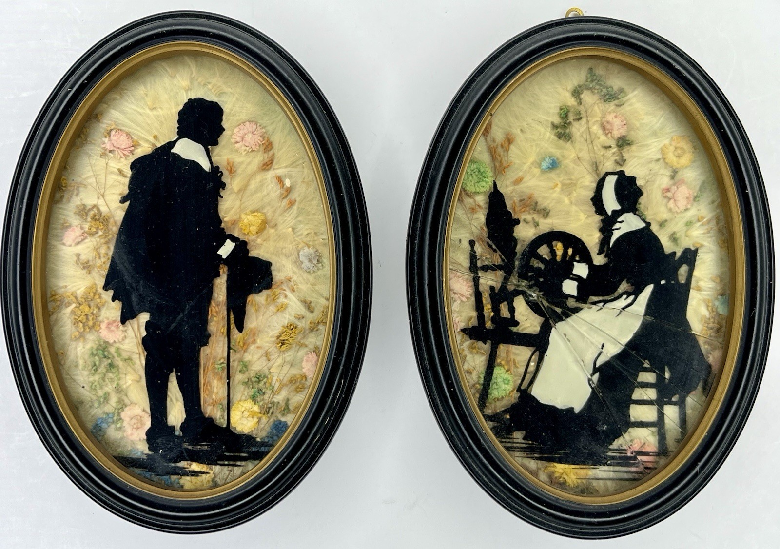 Set Of 2 Antique Fisher Hand Painted Silhouettes Milk Weed Oval Framed Art *READ