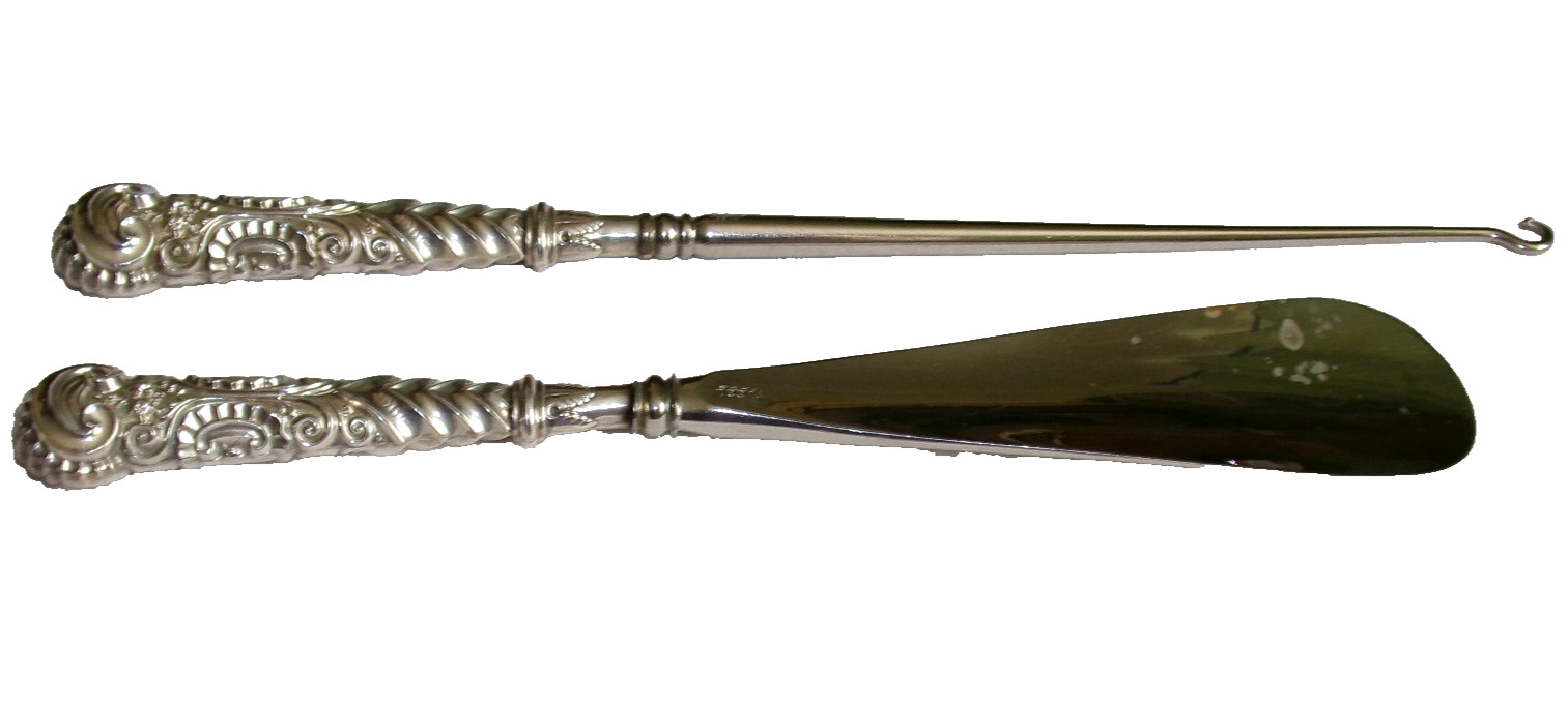 Antique Victorian Shoe Horn & Button Hook Set with Silver Handles Hallmarks 1890