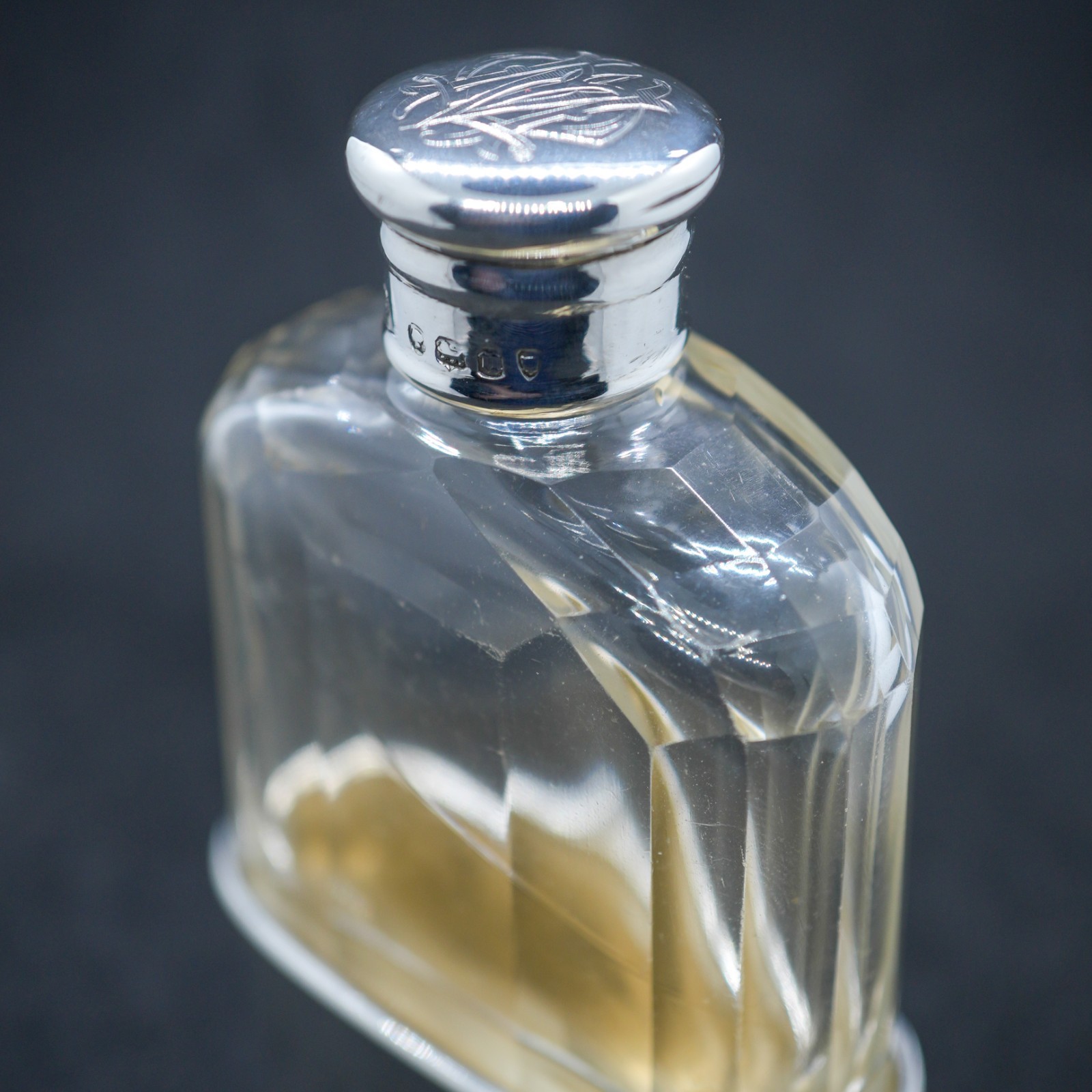 Antique Solid Sterling Silver And Glass Hip Flask. 1875, Joseph Walton, 36g.