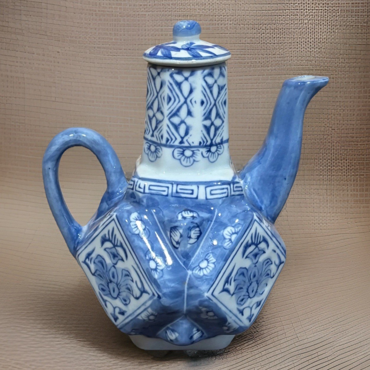 Geometric 7” Teapot Blue & White Porcelain Chinese Floral Decor Collectible
