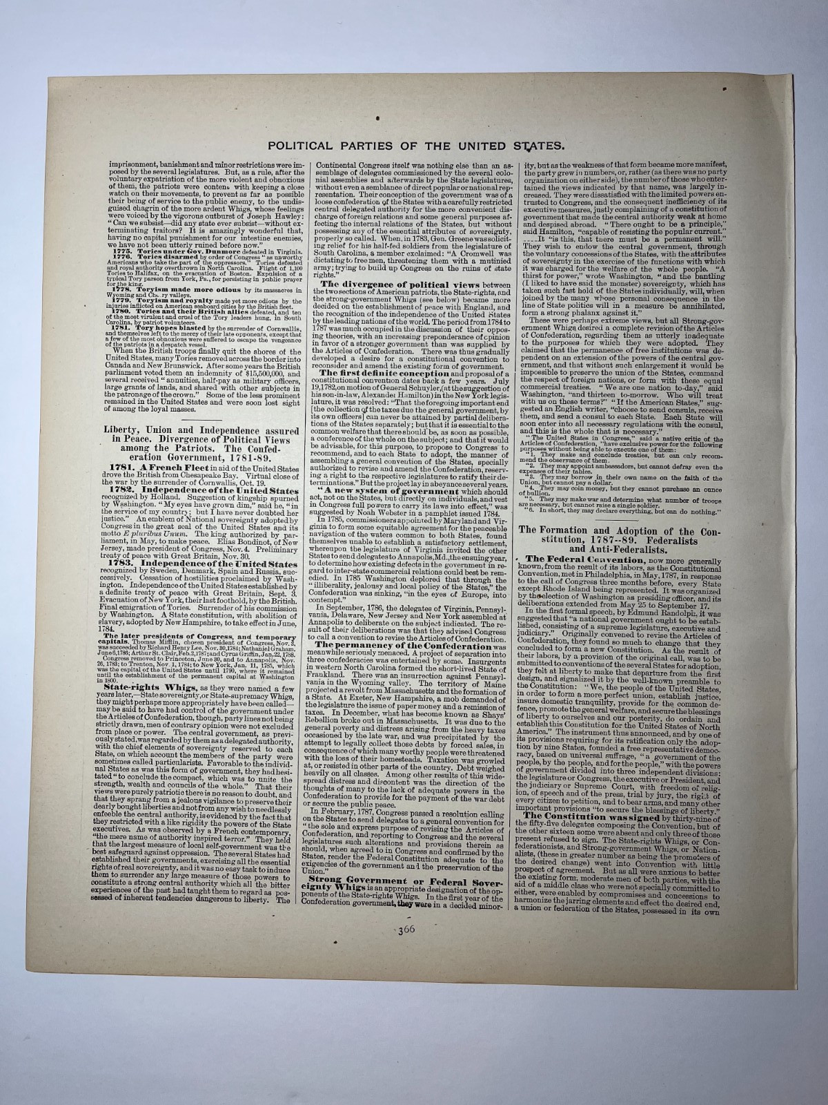1887 Summary of POLITICAL PARTIES of the U.S. See Description