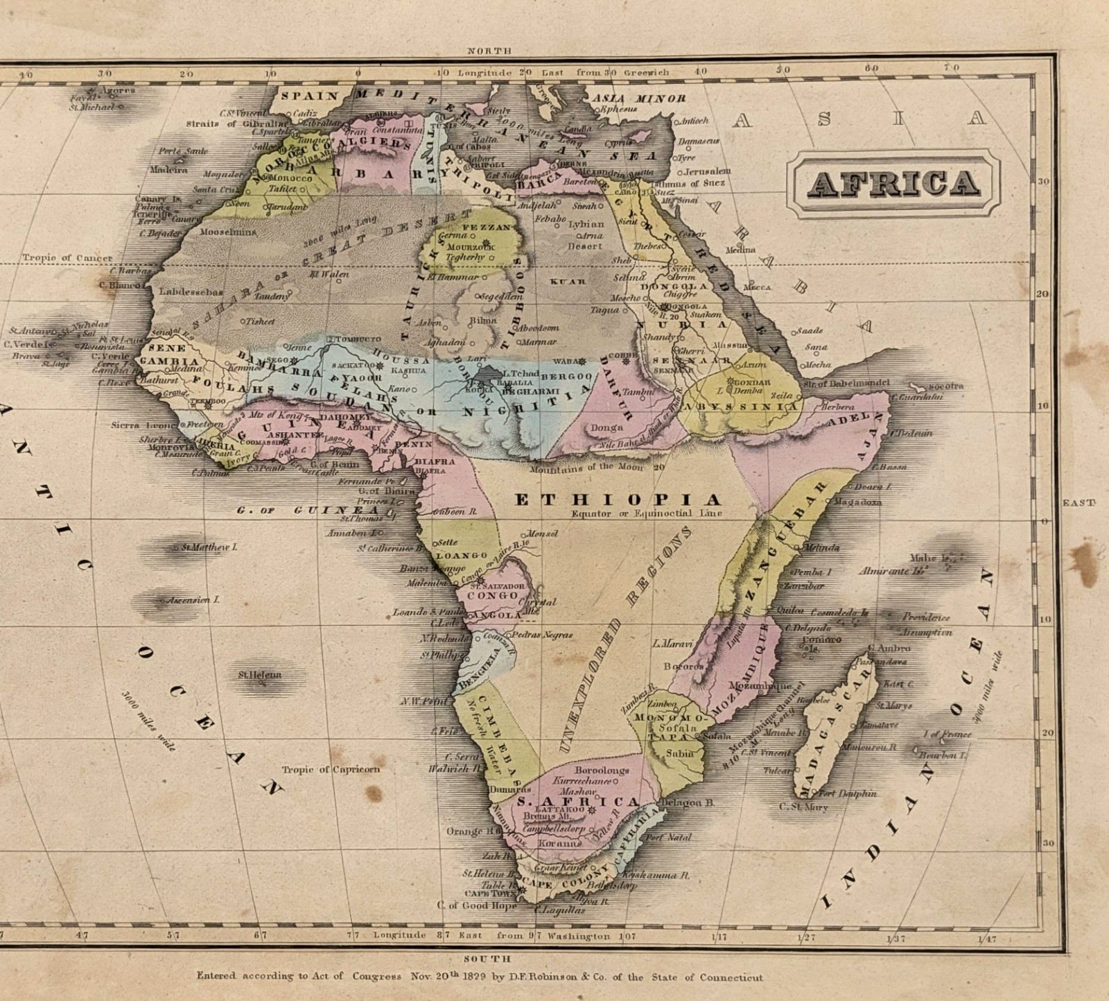 1829 AFRICA Map ORIGINAL D.F. Robinson – Nigritia – Barbary – Nubia – Guinea