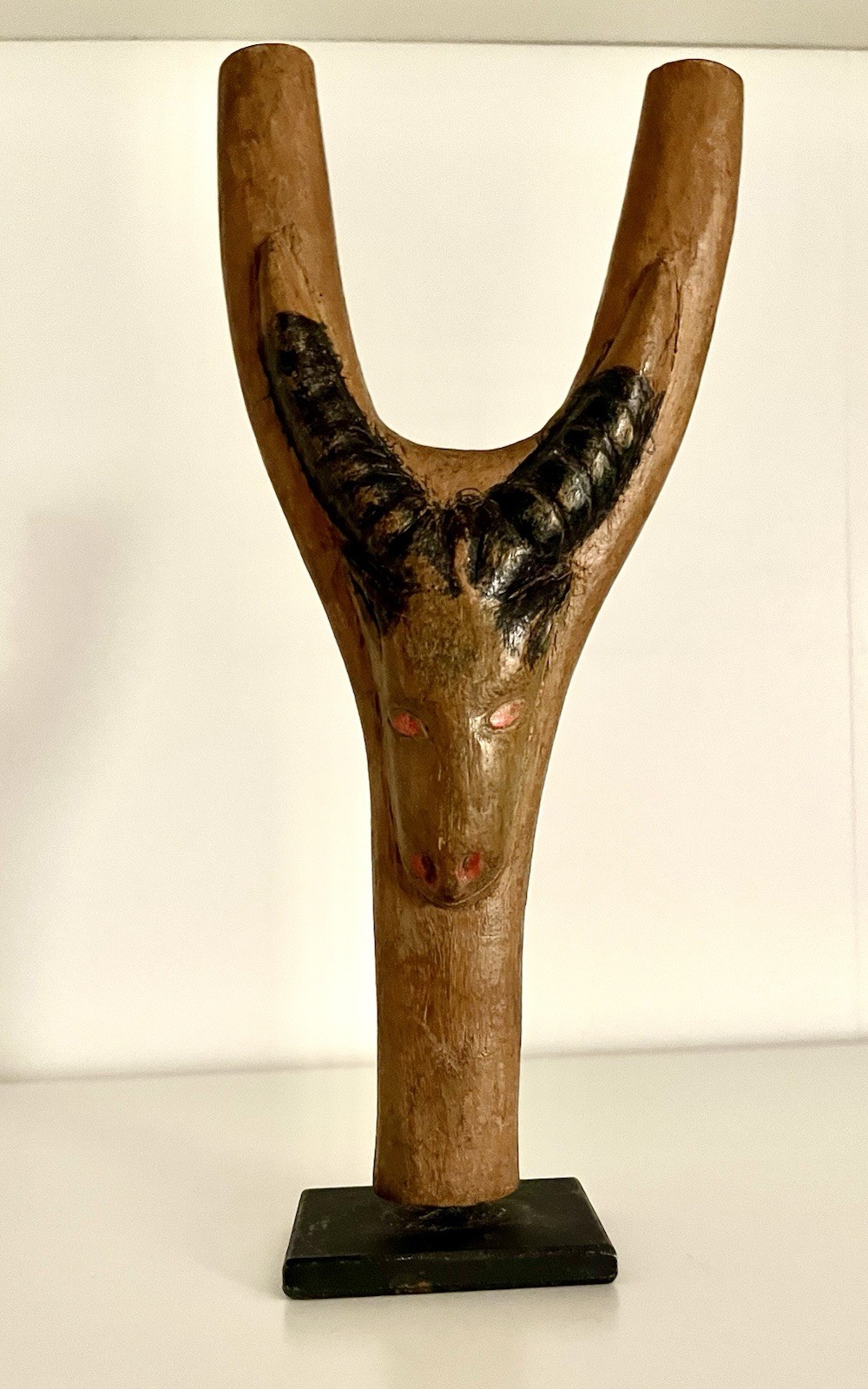 Handcarved Ivory Coast Baule Slingshot With Painted African Buffalo Detail 7.5”