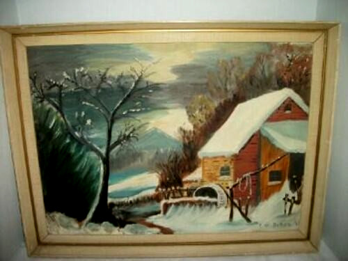 Naive Winter Oil Painting Mill House Folk Art Signed 1950s Period Wood Frame