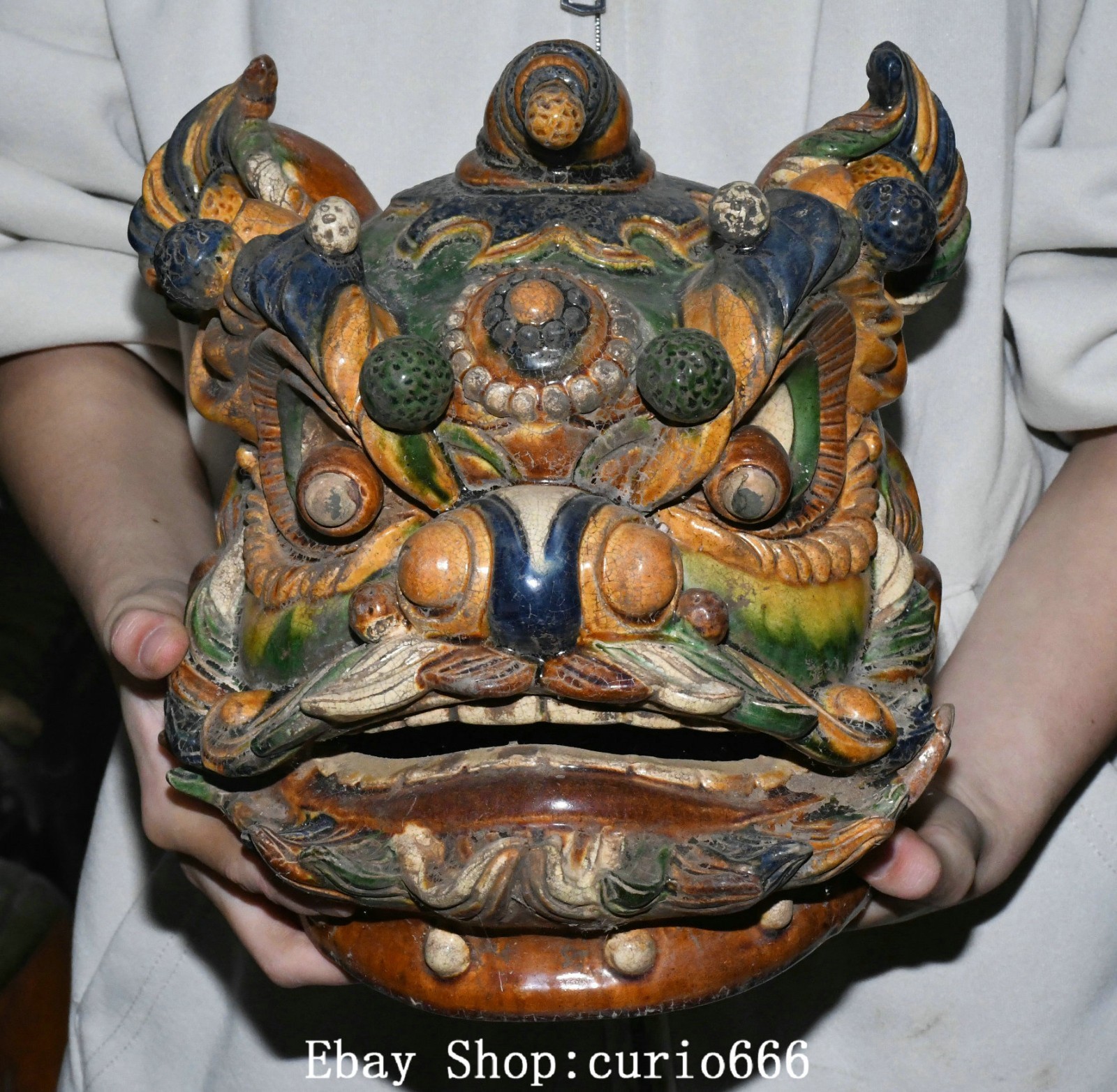 9.4”Old China Tang San Cai Porcelain Painting Foo Fu Dog Lion Head Statue