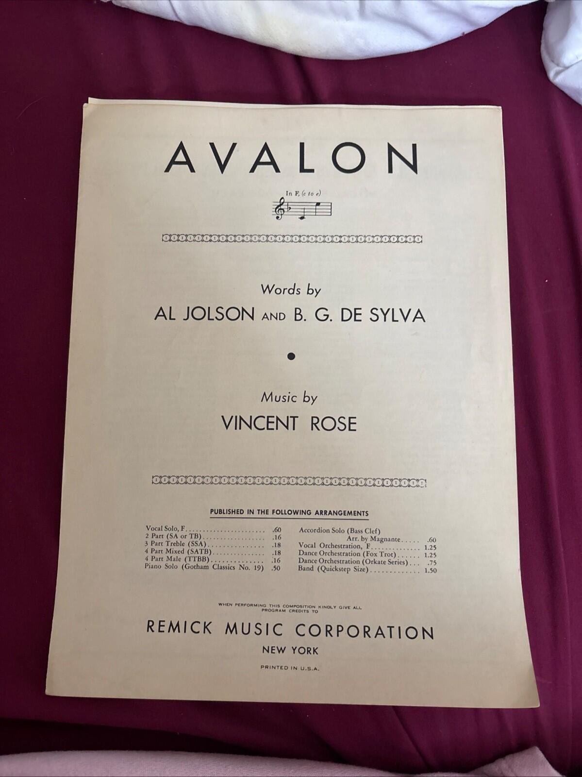 Avalon by Jolson De Sylva Rose 1920 antique sheet music