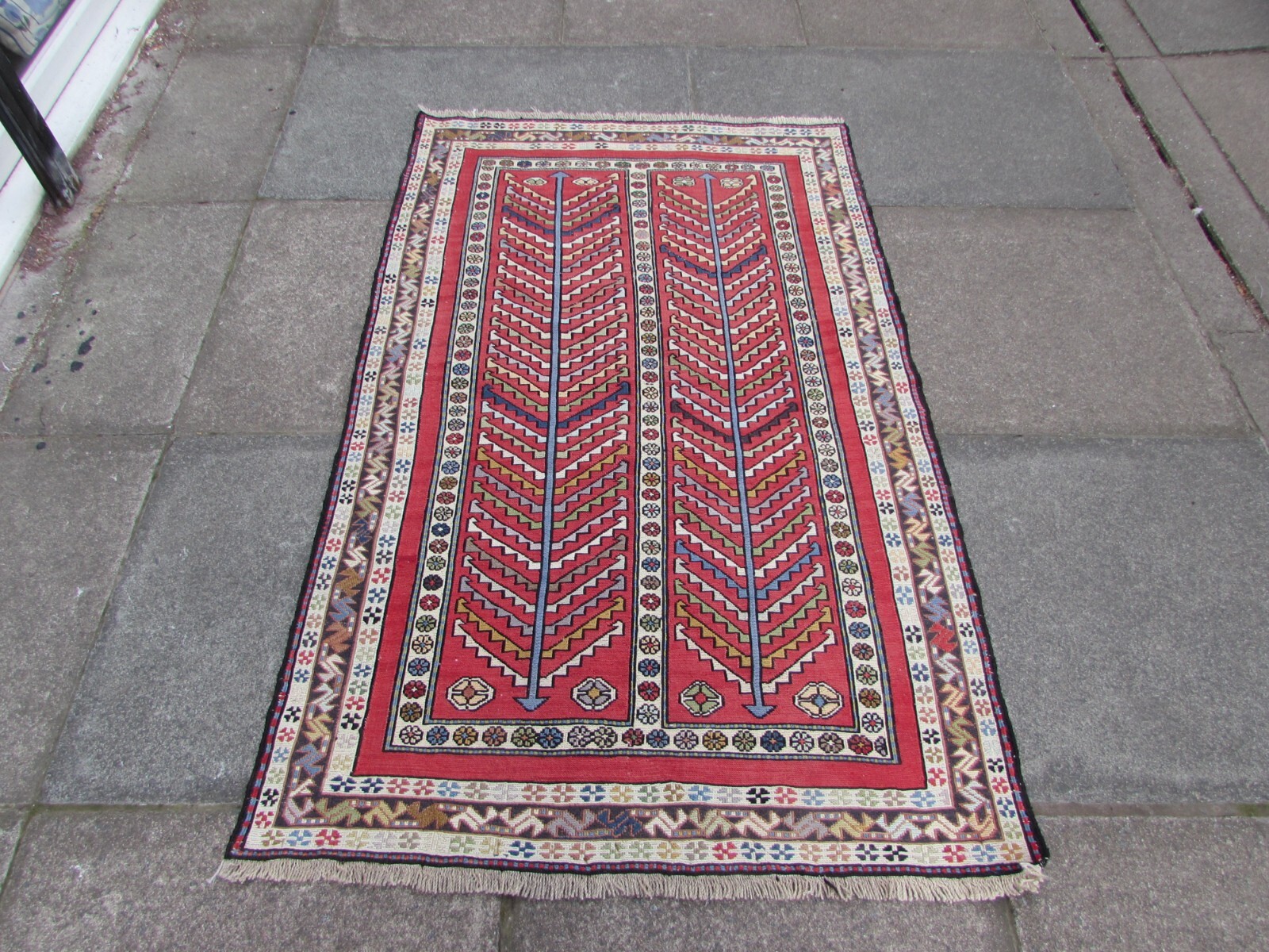 Vintage Traditional Hand Made Oriental Wool Red Blue Small Sumac Kilim 156x98cm