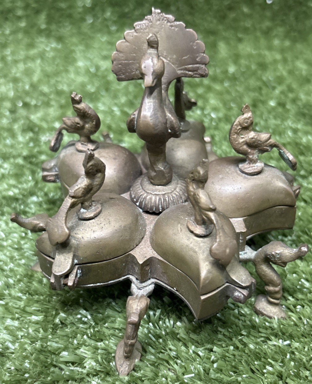 Vintage Indian Brass Spice Dish Covered Box Peacock Decoration