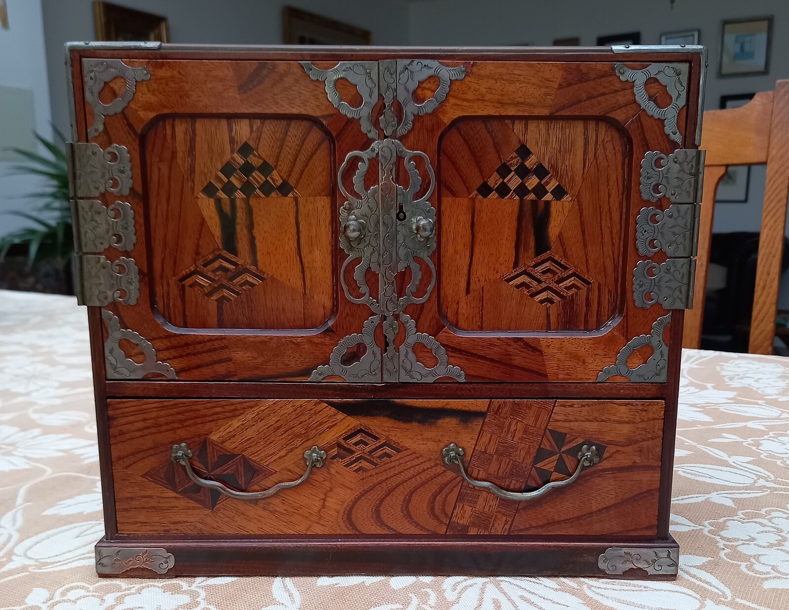 Antique Fine Japanese Meiji Collectors Cabinet Art Deco Fruit Wood Inlay