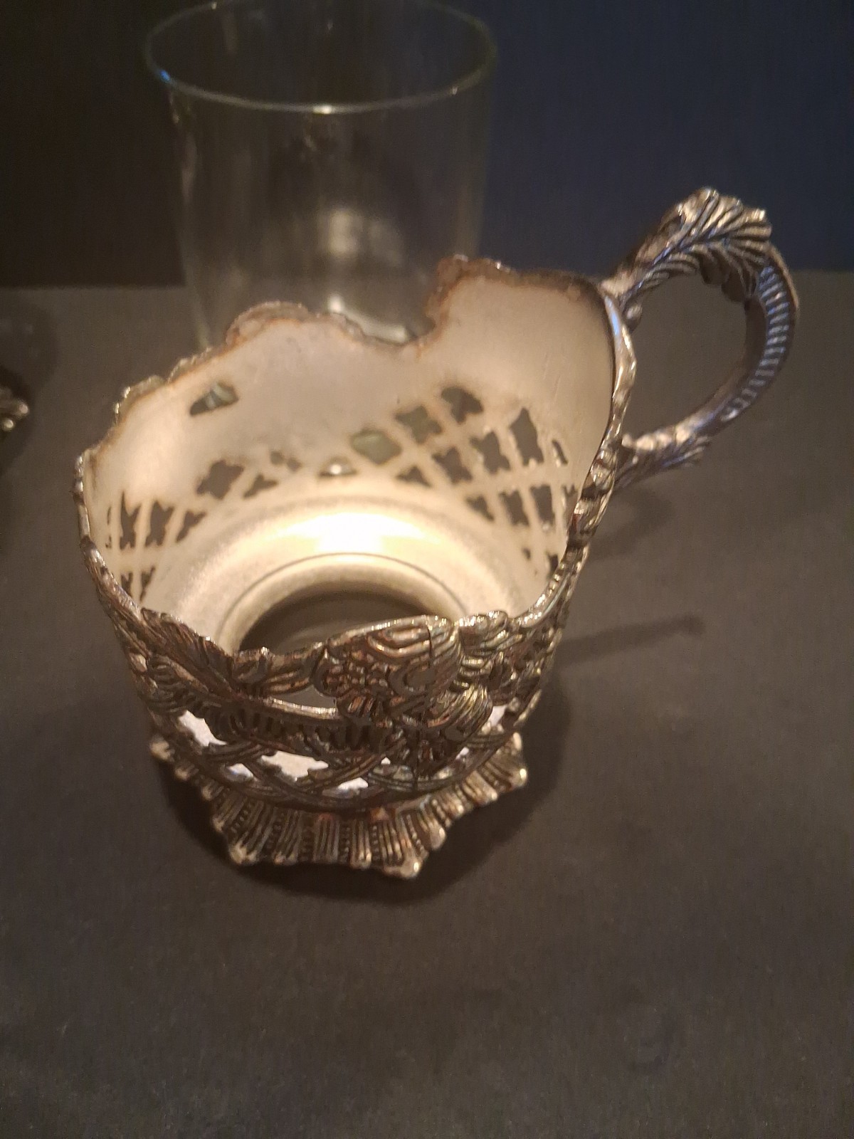 “Pair Vintage Silver Plate Glass Cups Ornate Floral Holders Handles” #R6