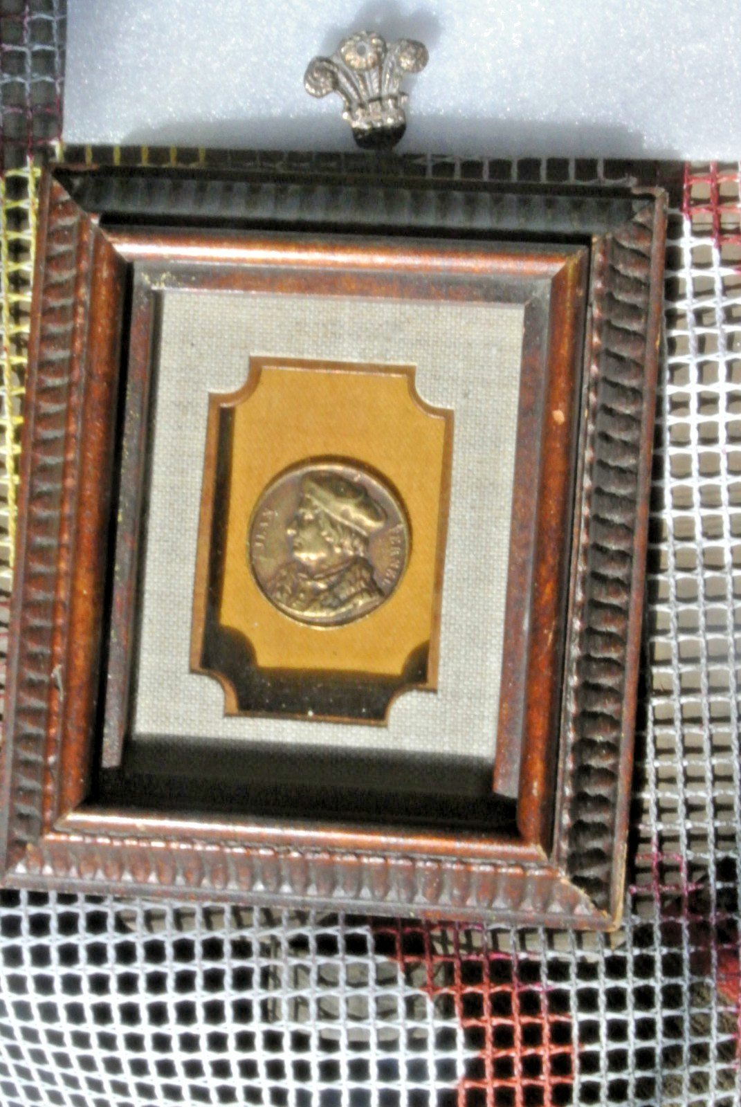 Vintage Hollywood Regency wood Shadowbox frame Wall Art Roman Coin