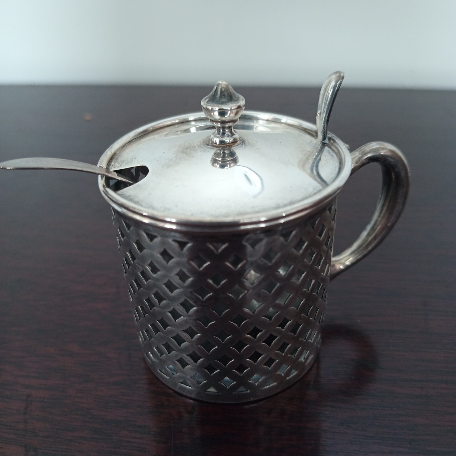 James E.Blake &CO. Sterling silver and glass mustard pot