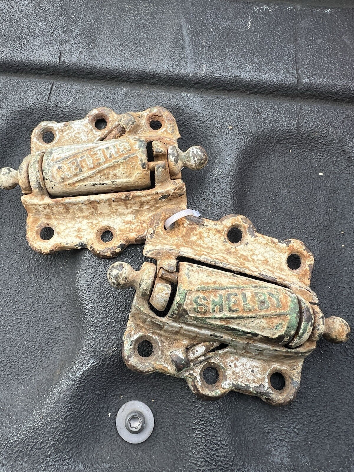 pair c1880-1900 Victorian screen door hinges marked Shelby 3” X 3” Working