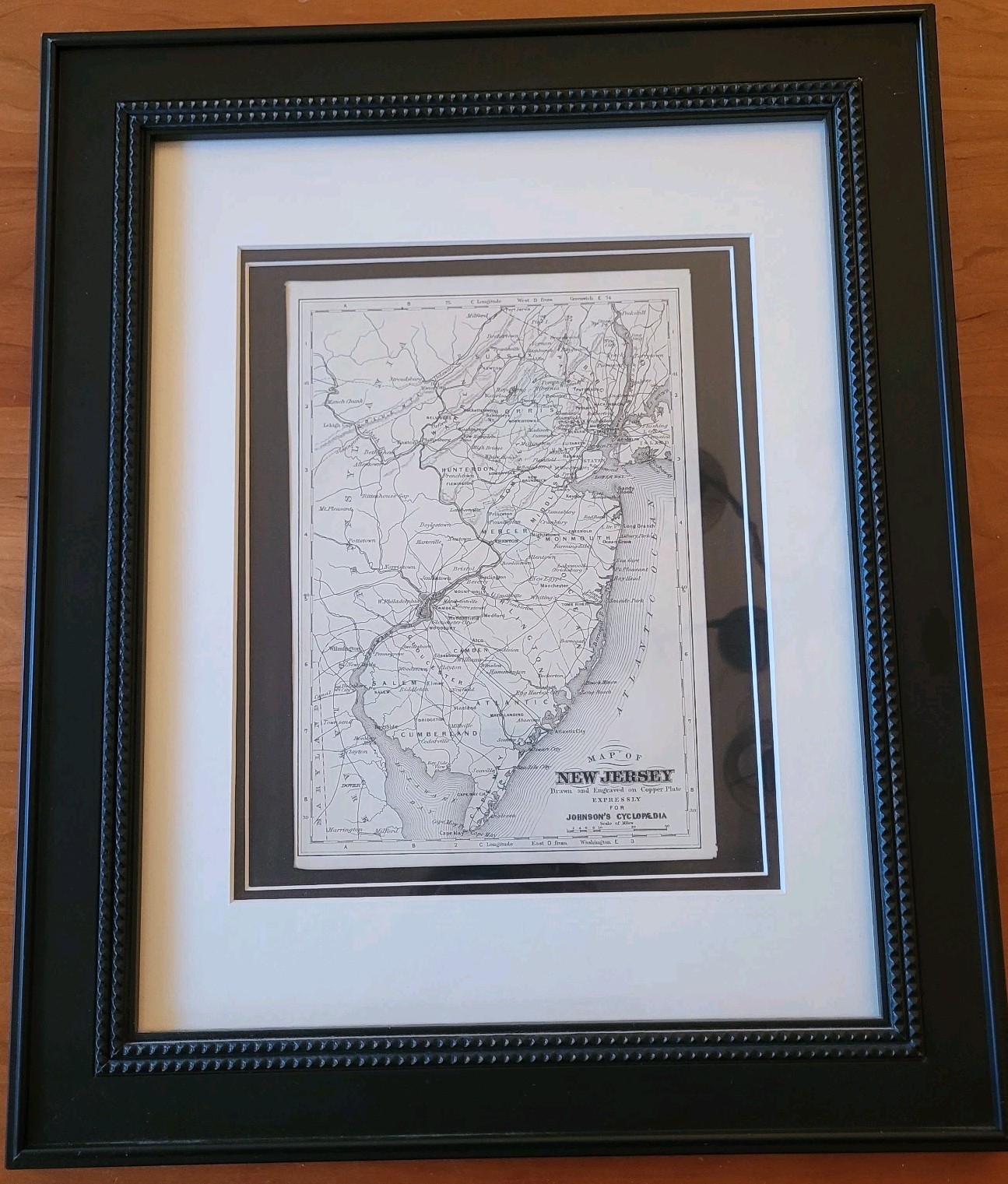 Framed 1896 Antique AJ Johnson Cyclopedia Hand Colored Map of New Jersey State