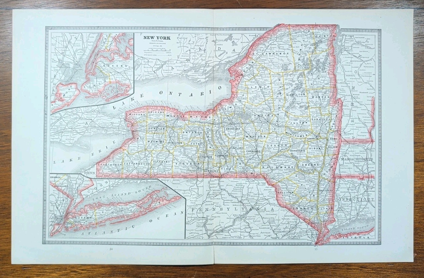 Vintage 1883 NEW YORK Map 21″x13″ ~ Old Antique Original ROCHESTER ALBANY NY