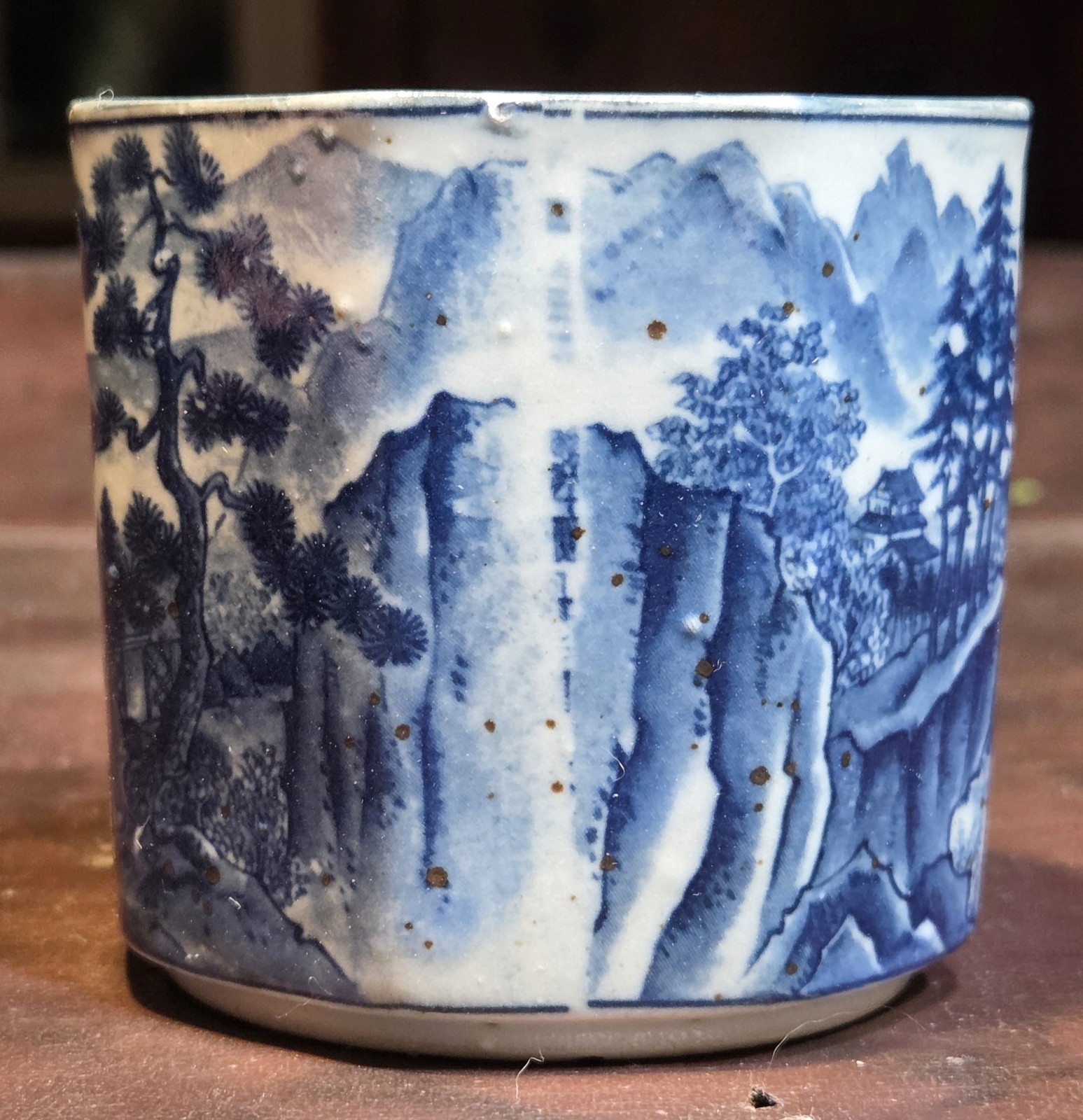 Antique Asian Blue White Transferware Landscape Brush Pot Desk Cachepot Octagon