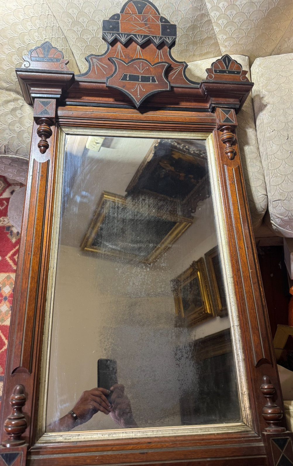 Antique c1880s Victorian Eastlake Inlaid Wood Wall Mirror Ornate Frame 25″ x 44″