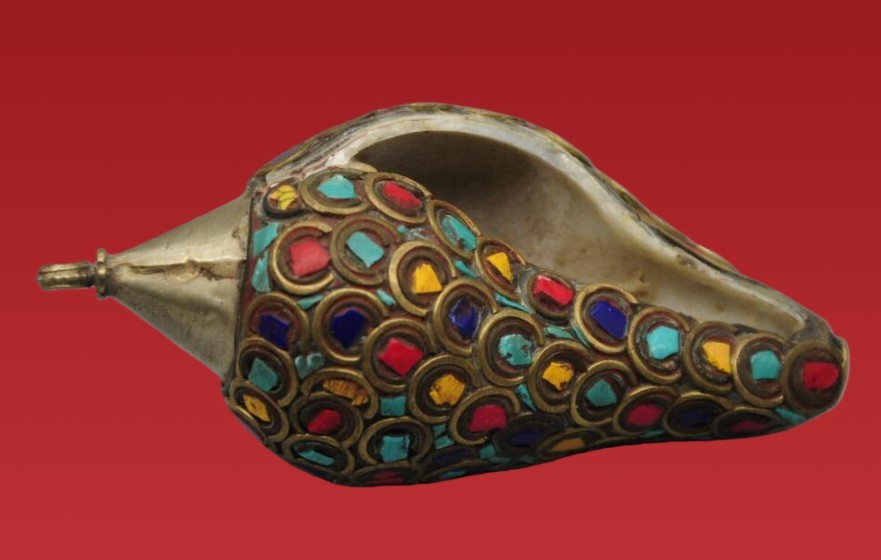 Tibetan Conch Shell Pendant Brass Colorful Stone Inlay OM Symbol Decor