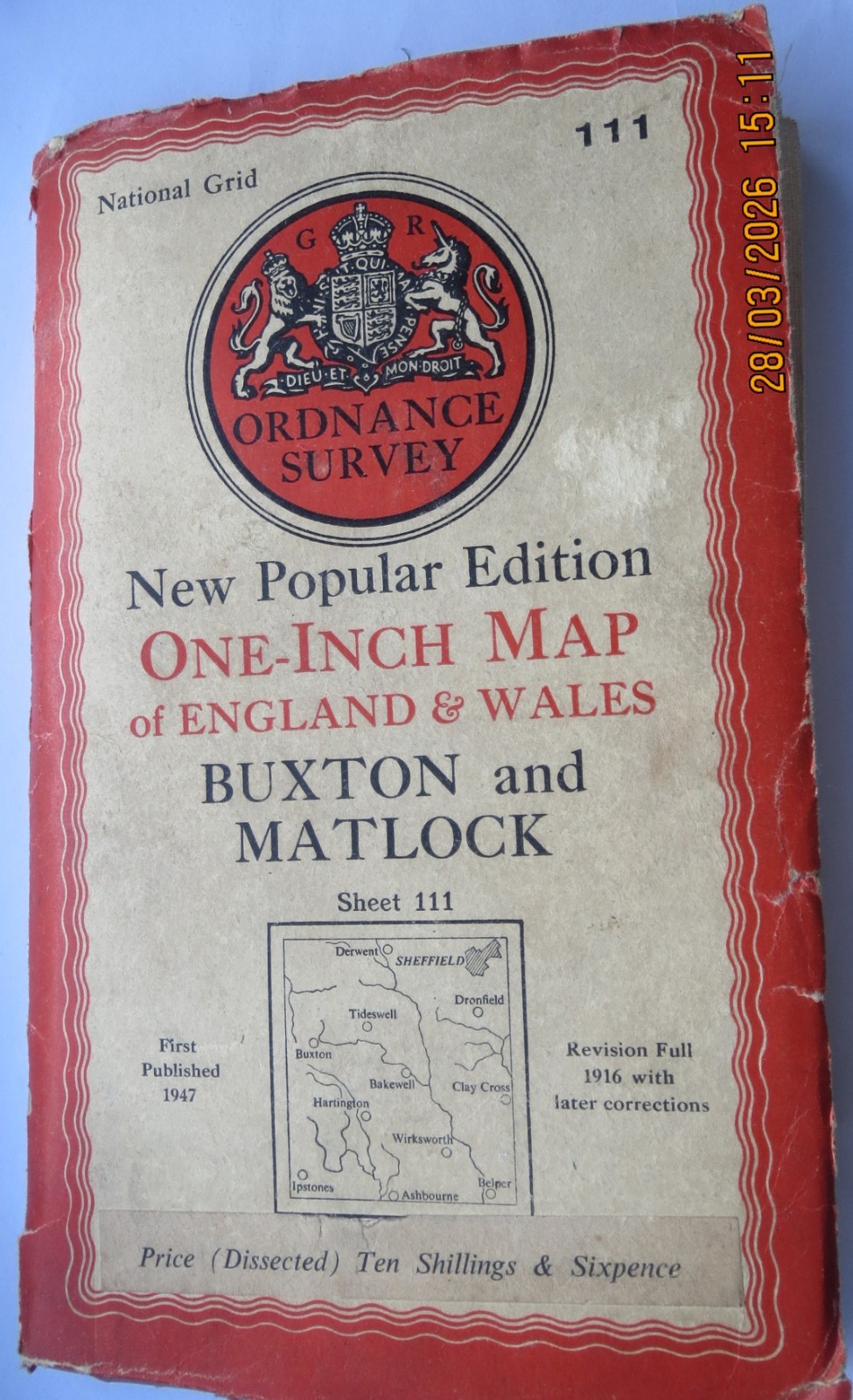 ORDNANACE SURVEY SHEET 111 BUXTON & MATLOCK REVISED TO 1916 1st Published 1947