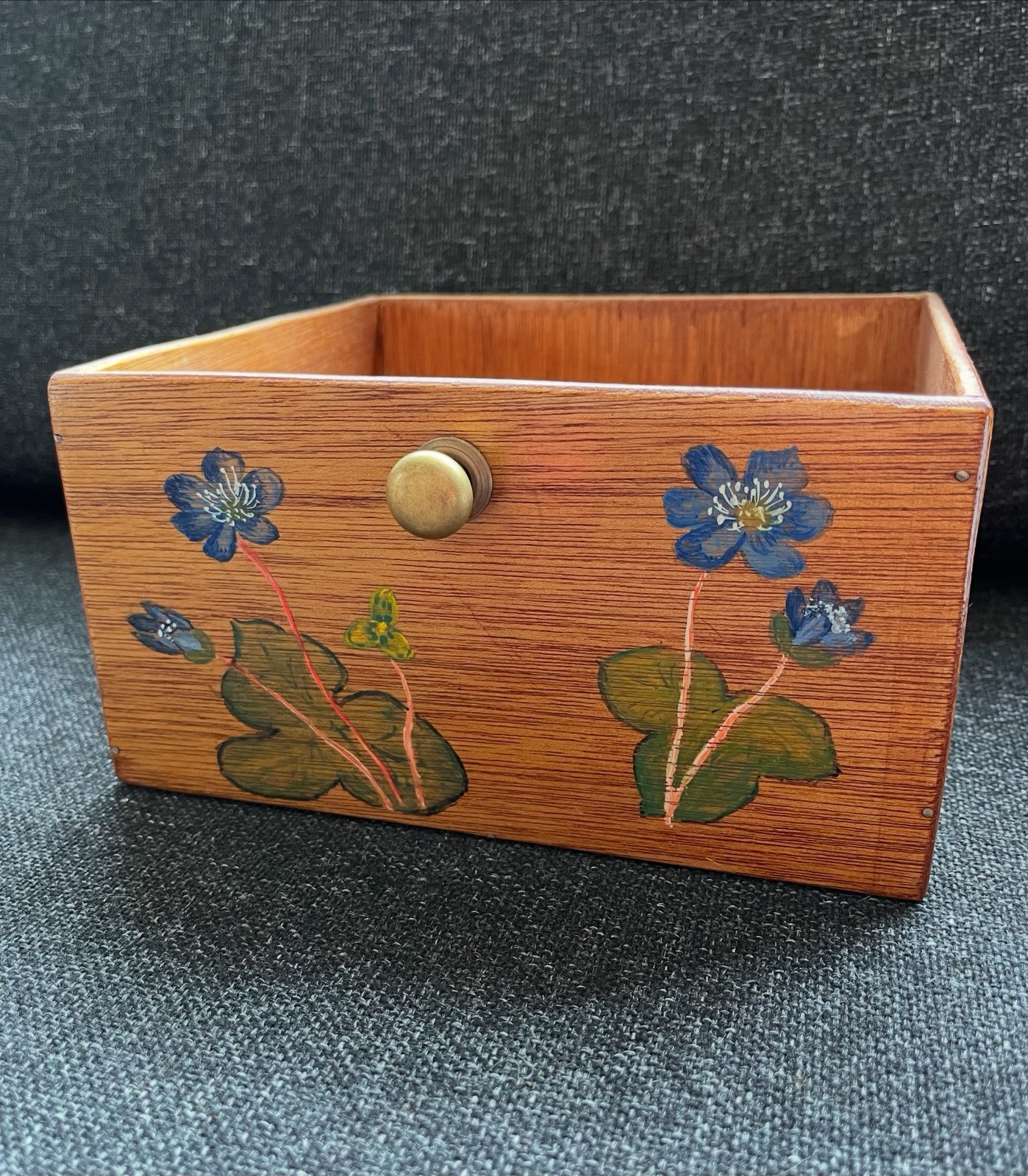 Vintage handmade and hand painted wooden storage box drawer floral teak Brass