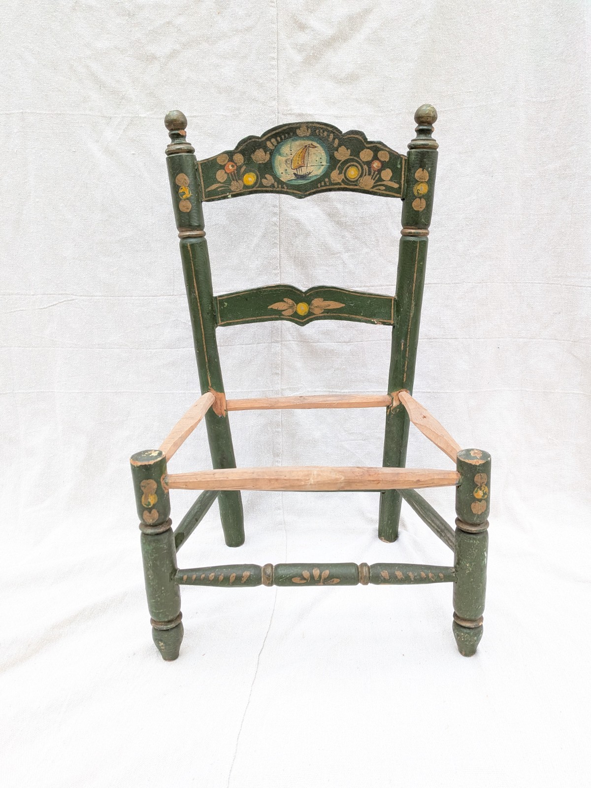 Antique Child’s Chair Decorated Painted Folk Art 19th C. Sailboat Green Nautical