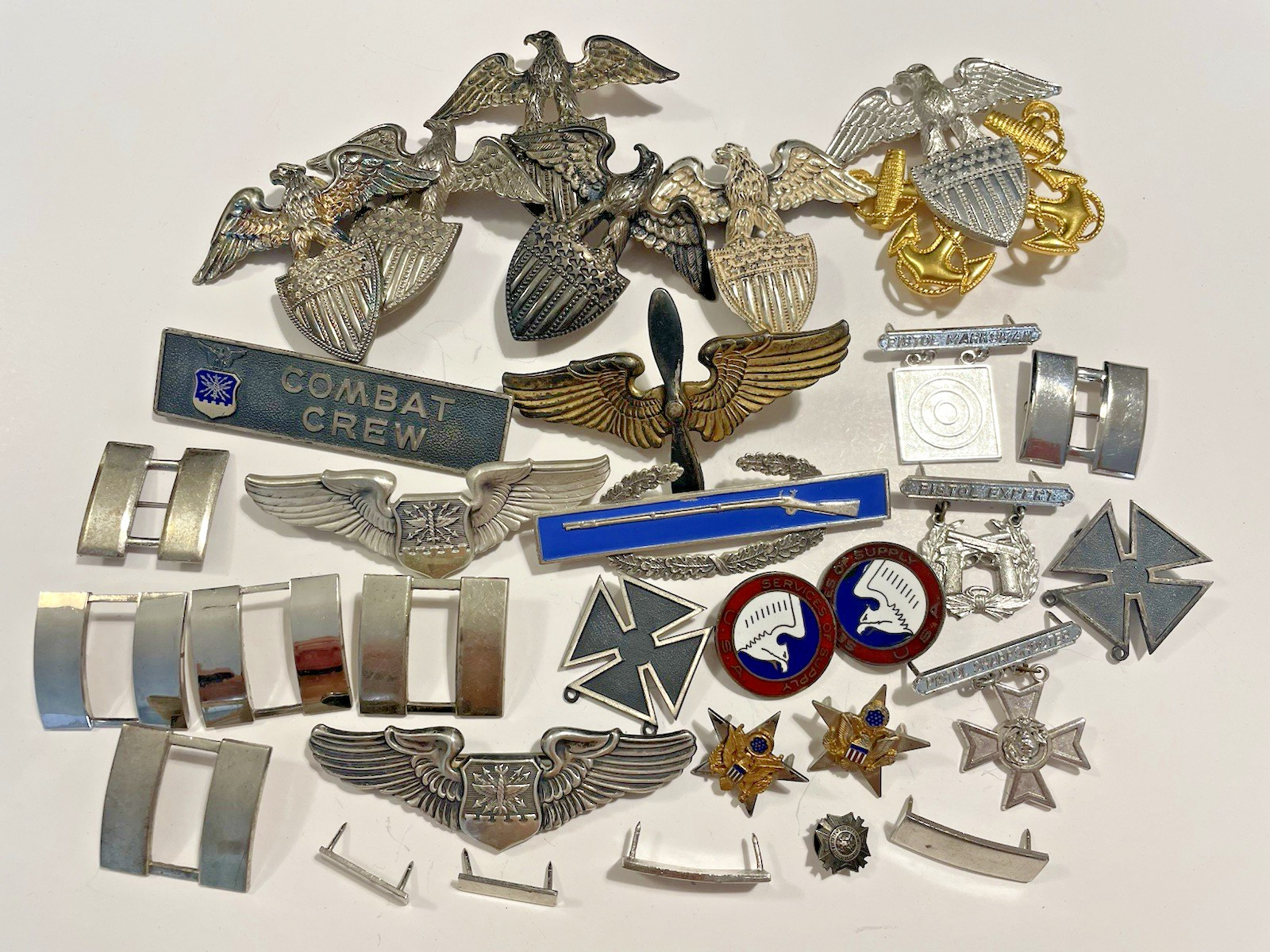 340 Grams Vtg Sterling Silver Badges Military Pins Scrap Army Navy USMC Wing Lot