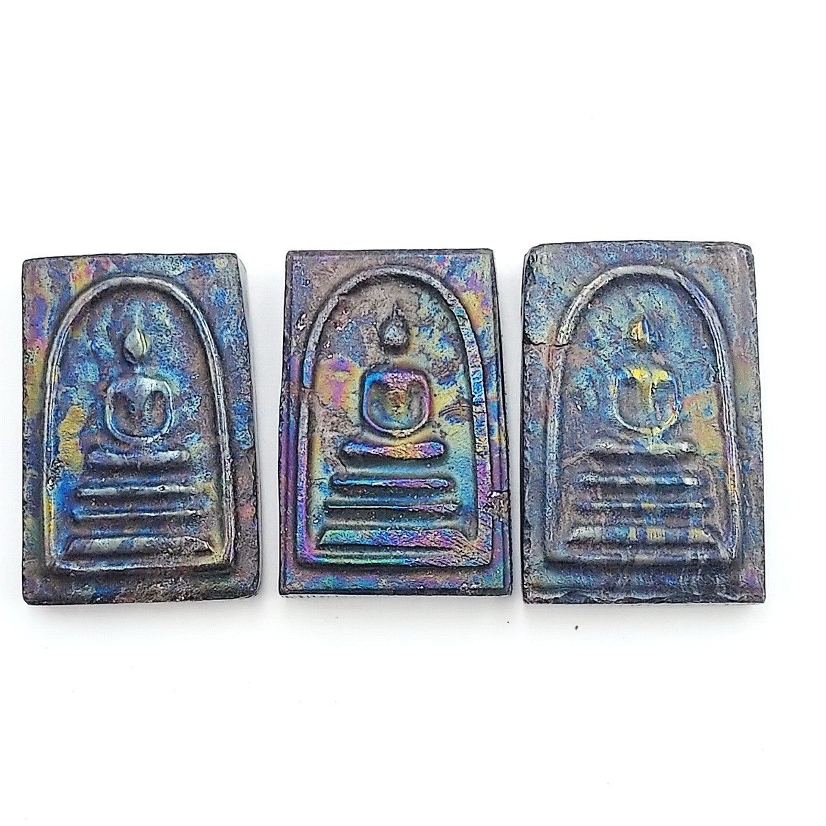 Phra Somdej Carved from Rainbow 7-Color Lek Lai Mineral Amulet (3 Pcs Set)