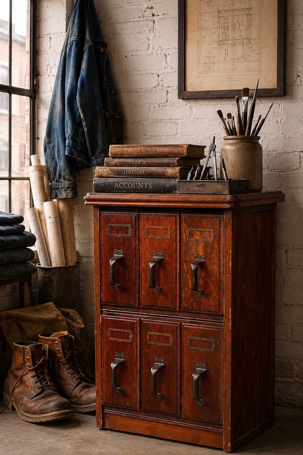 Antique Apothecary Cabinet Ledger Book Holder Vintage Wood drawer File Cabinet