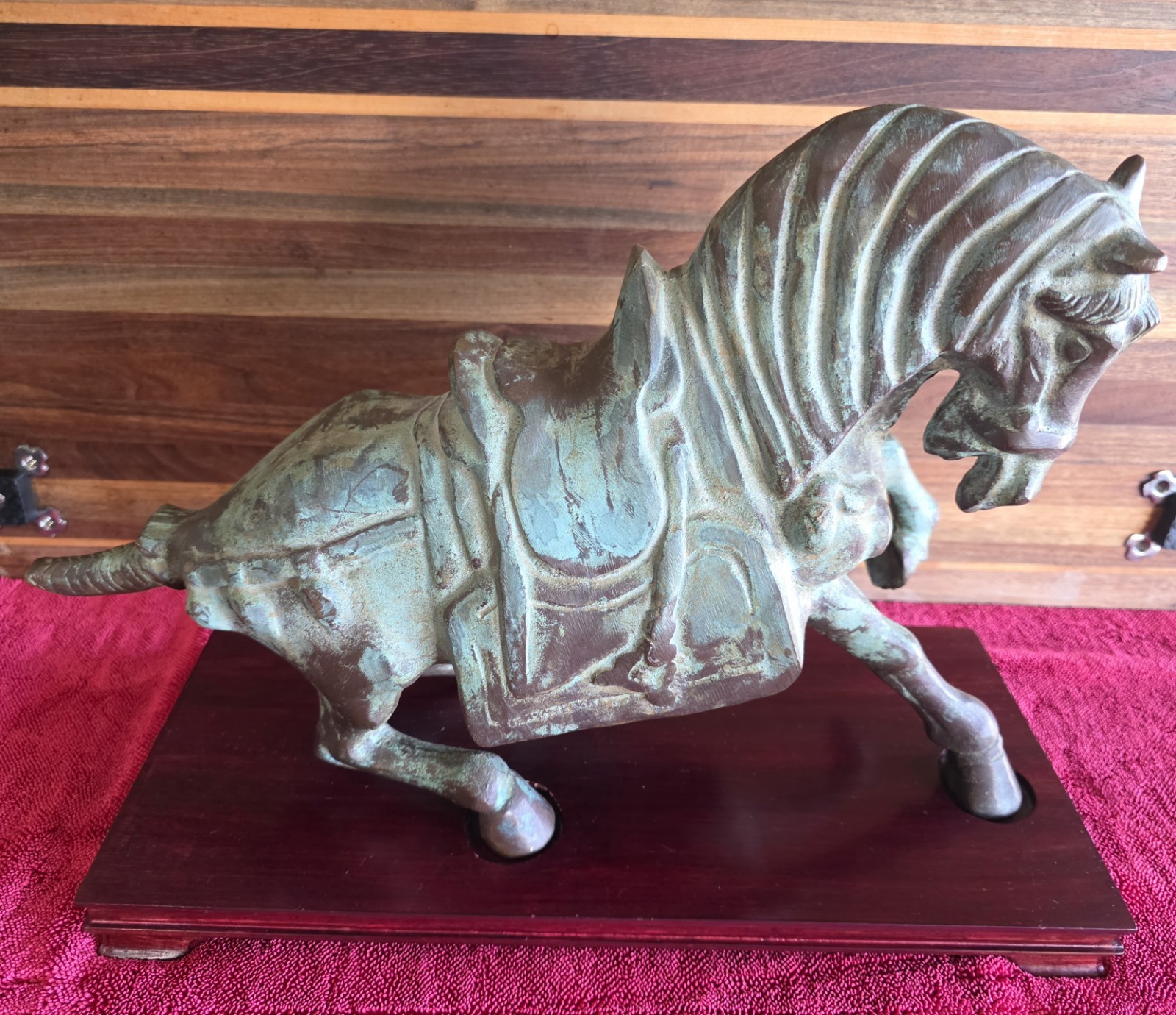 Antique Chinese Tang Dynasty Bronze Horse w/Wood Stand. Beautiful Patina 20+lbs