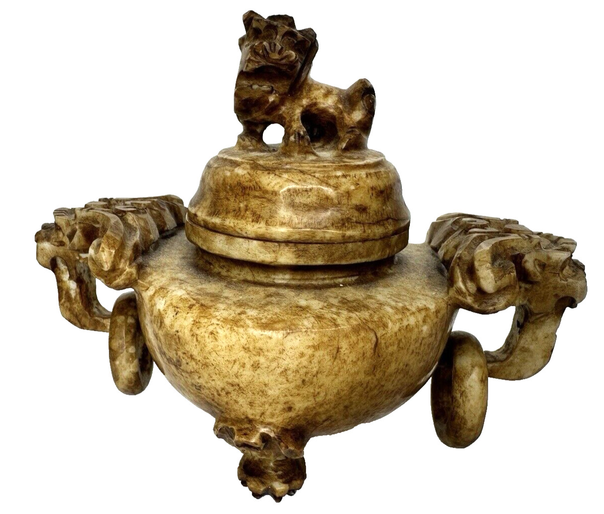 Chinese Carved Soapstone Asian Censer Vessel Lidded Incense Burner Holder