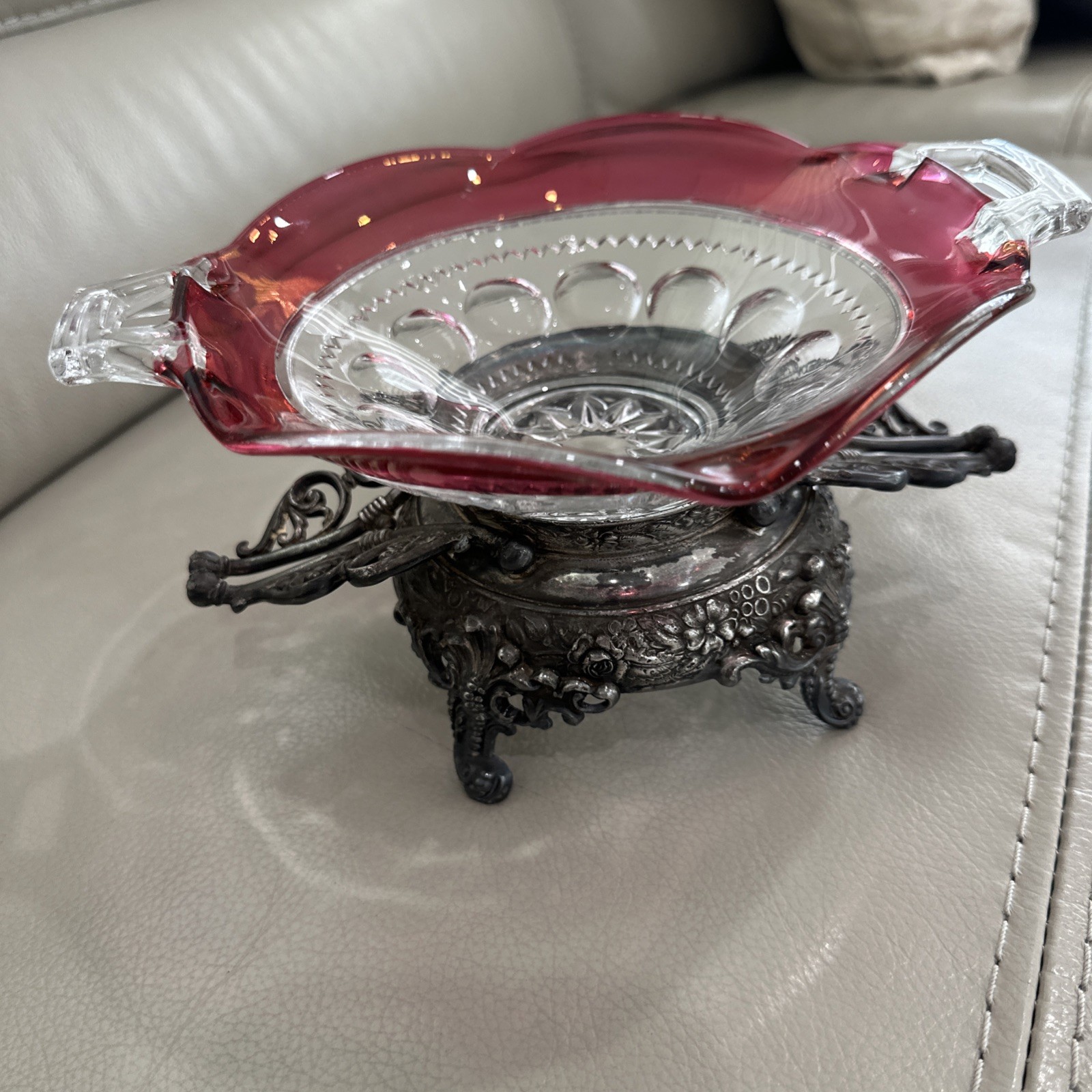 Antique Victorian Silverplate Brides Basket Stand w/ Cranberry Glass Bowl Ornate