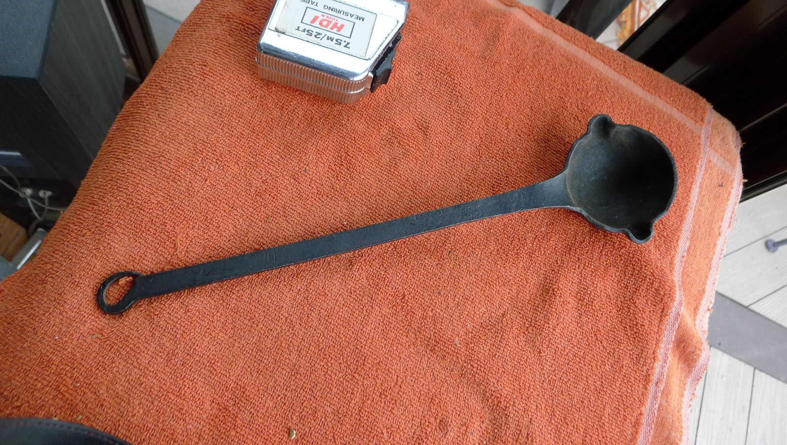 ANTIQUE HAND WROUGHT IRON LADLE, DOUBLE SPOUT, 14″ LONG