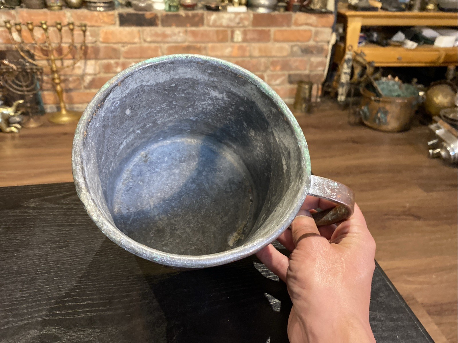 Antique Primitive Large Copper Cup Or Small Pot With Handle, Dovetail Seems
