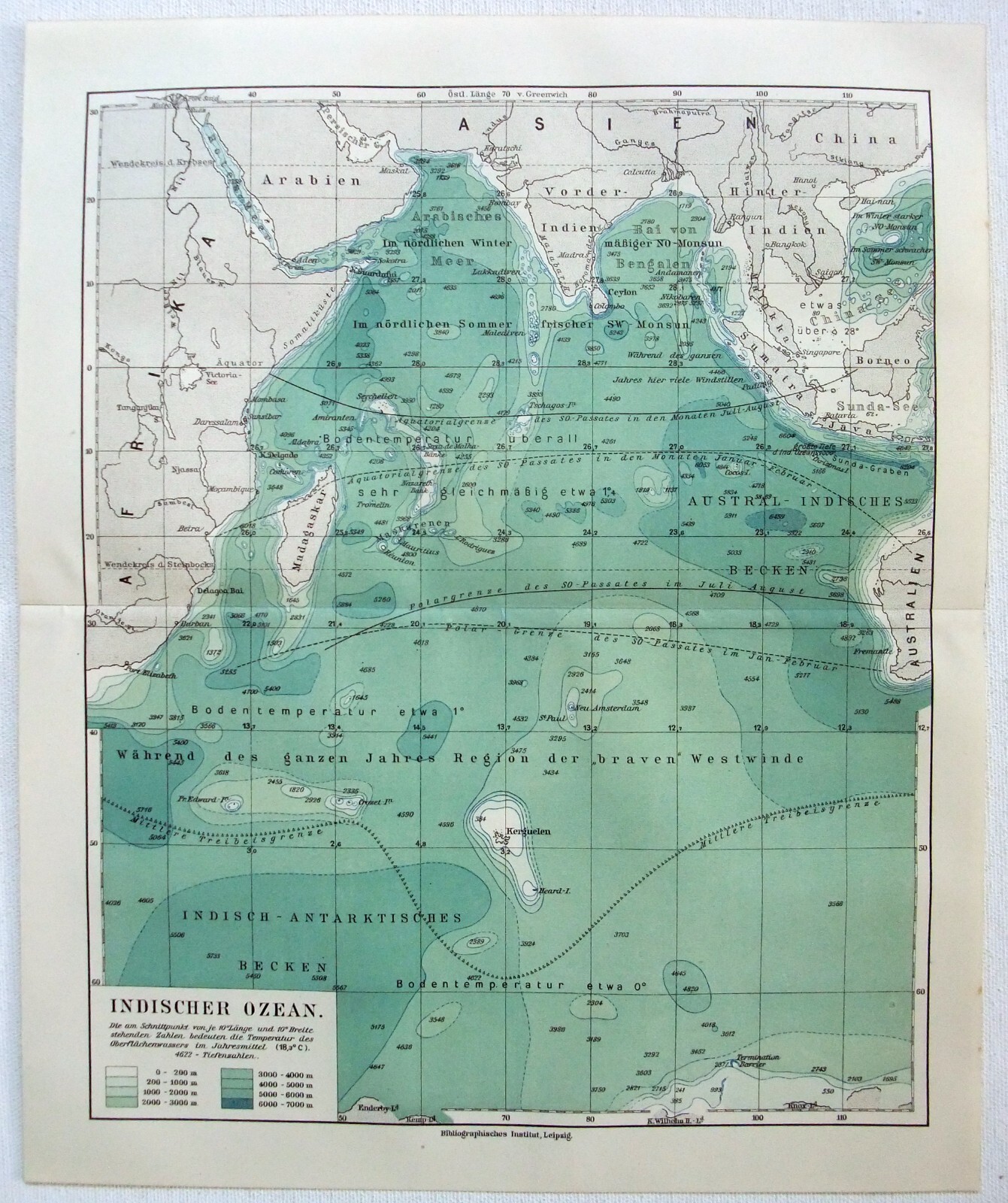 Indian Ocean – Original 1909 Map by Meyers. German Language Map