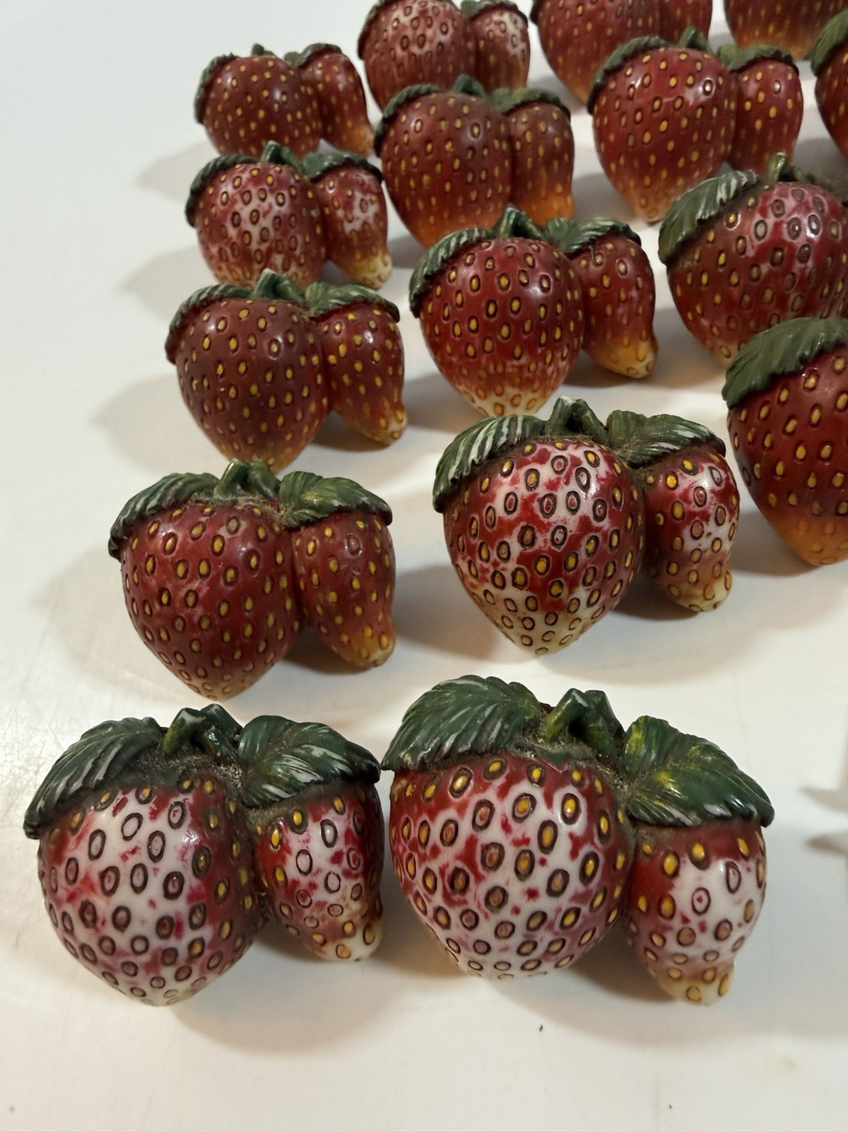 Vtg Strawberry Resin Drawer Knobs Realistic Fruit Pulls & Brass Backplates