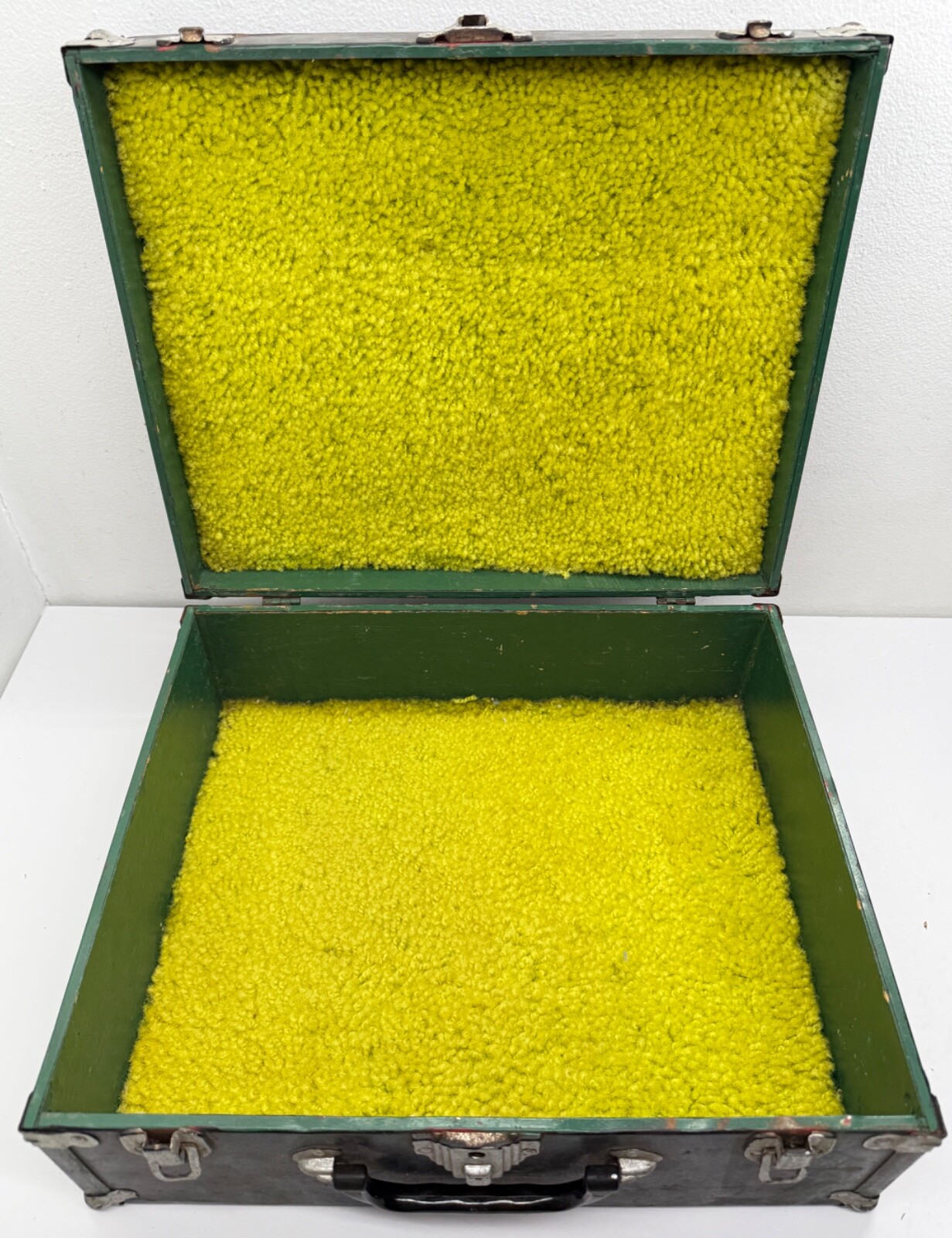 Antique Carpet Lined Chest w/ Latches Black Lime Green Interior 15.5”x12.5”x6.5”