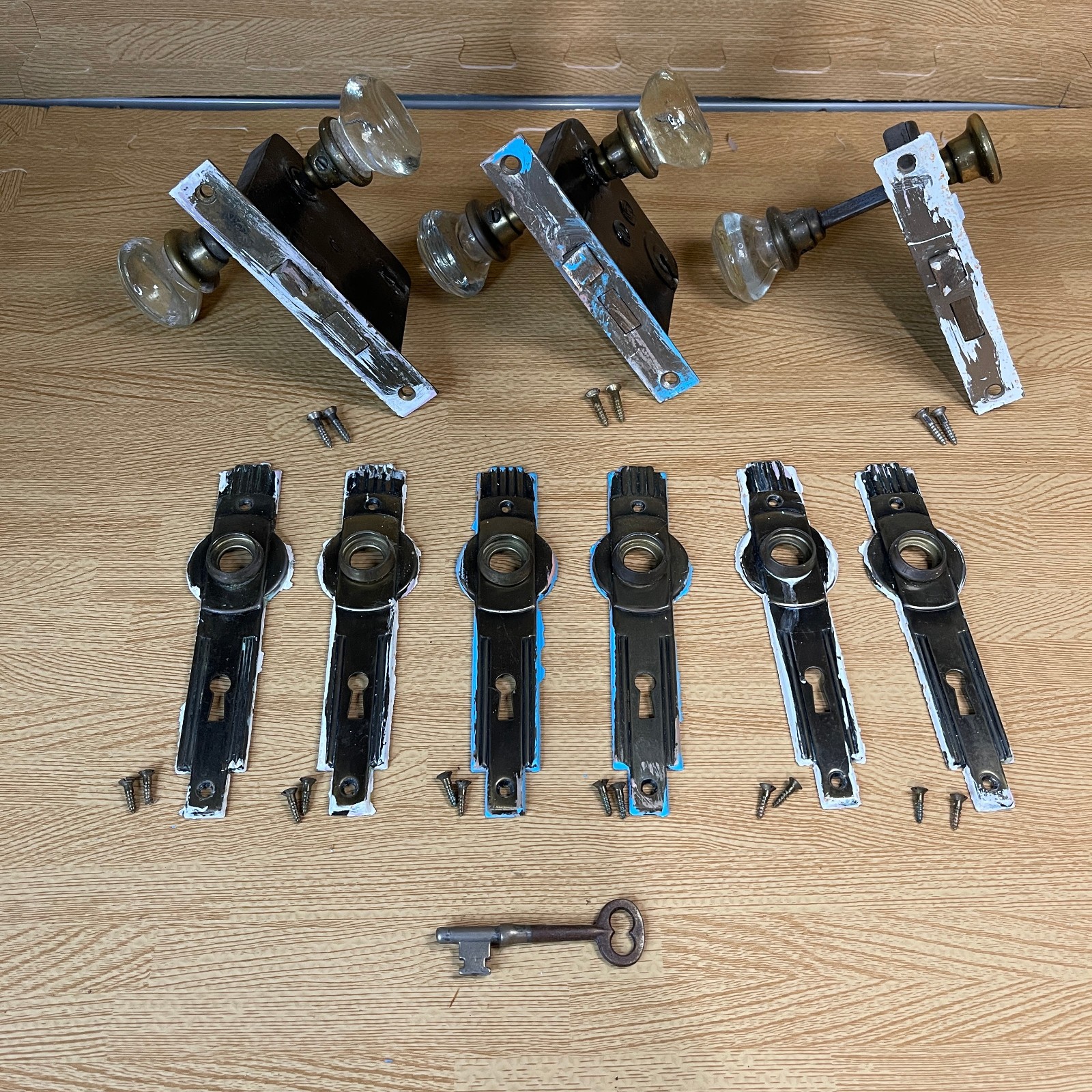 Vintage Lot of 3 Sets of Door Hardware Glass Knobs Backplates Mortise Locks