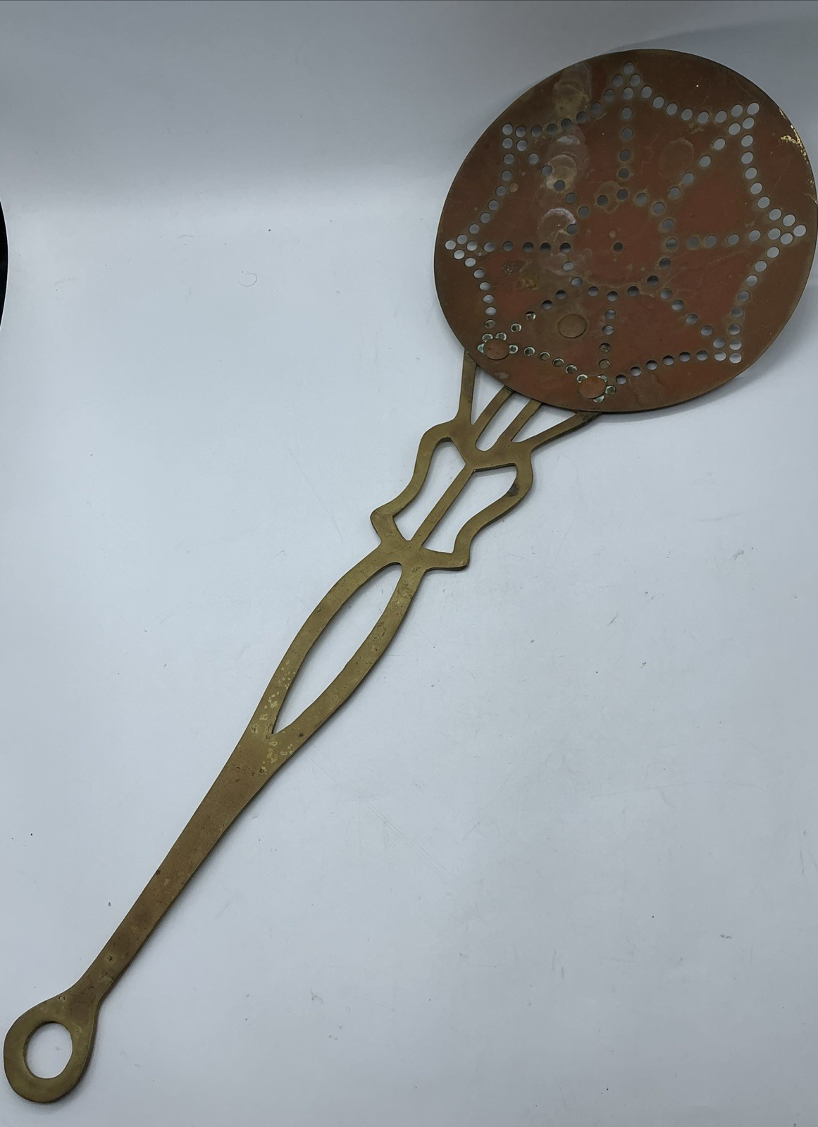 Nice Vintage Brass Copper Fireplace Hearth Strainer Sieve Skimmer Spoon
