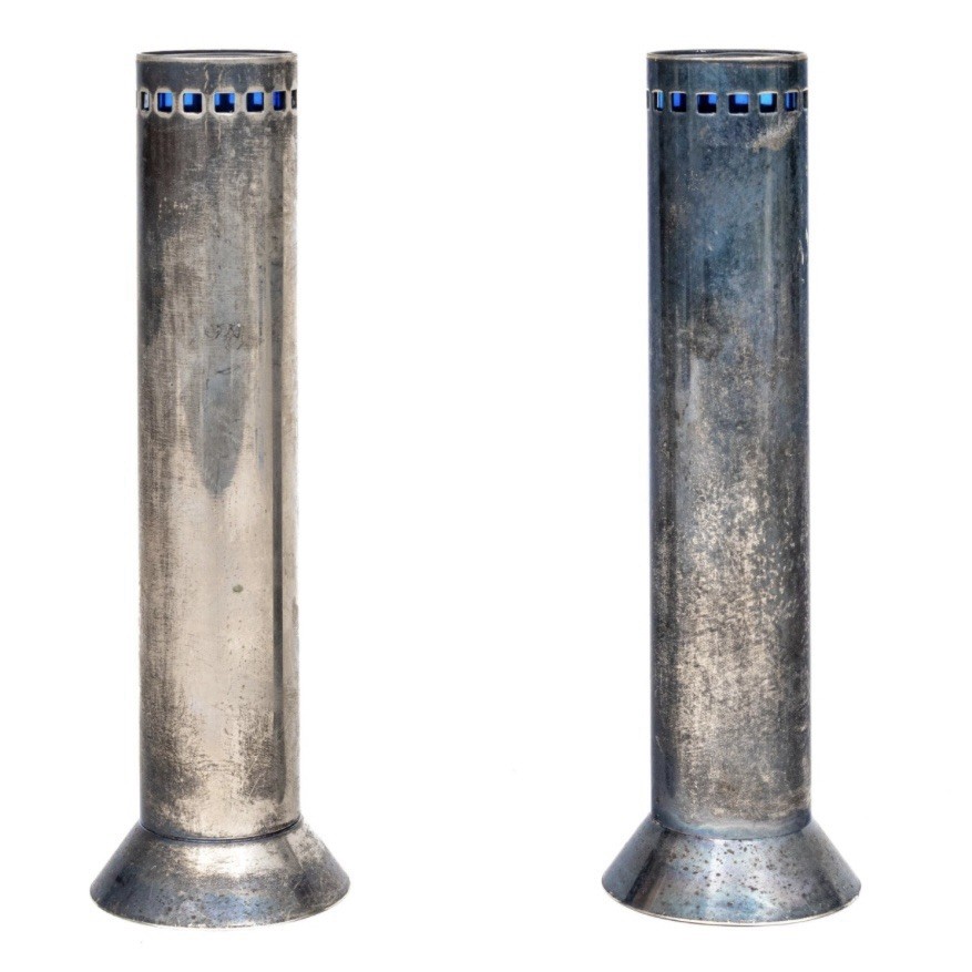 Pair Richard Meier for Swid Powell Silverplate & Blue Glass Bud Vases 1985