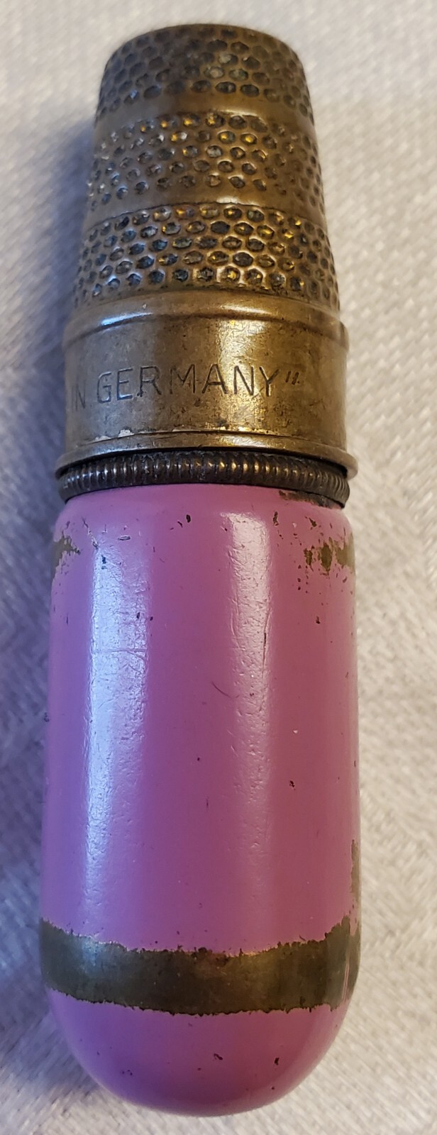 Antique Mauve Made in Germany Sewing Thimble & Thread Holder Brass Art Deco