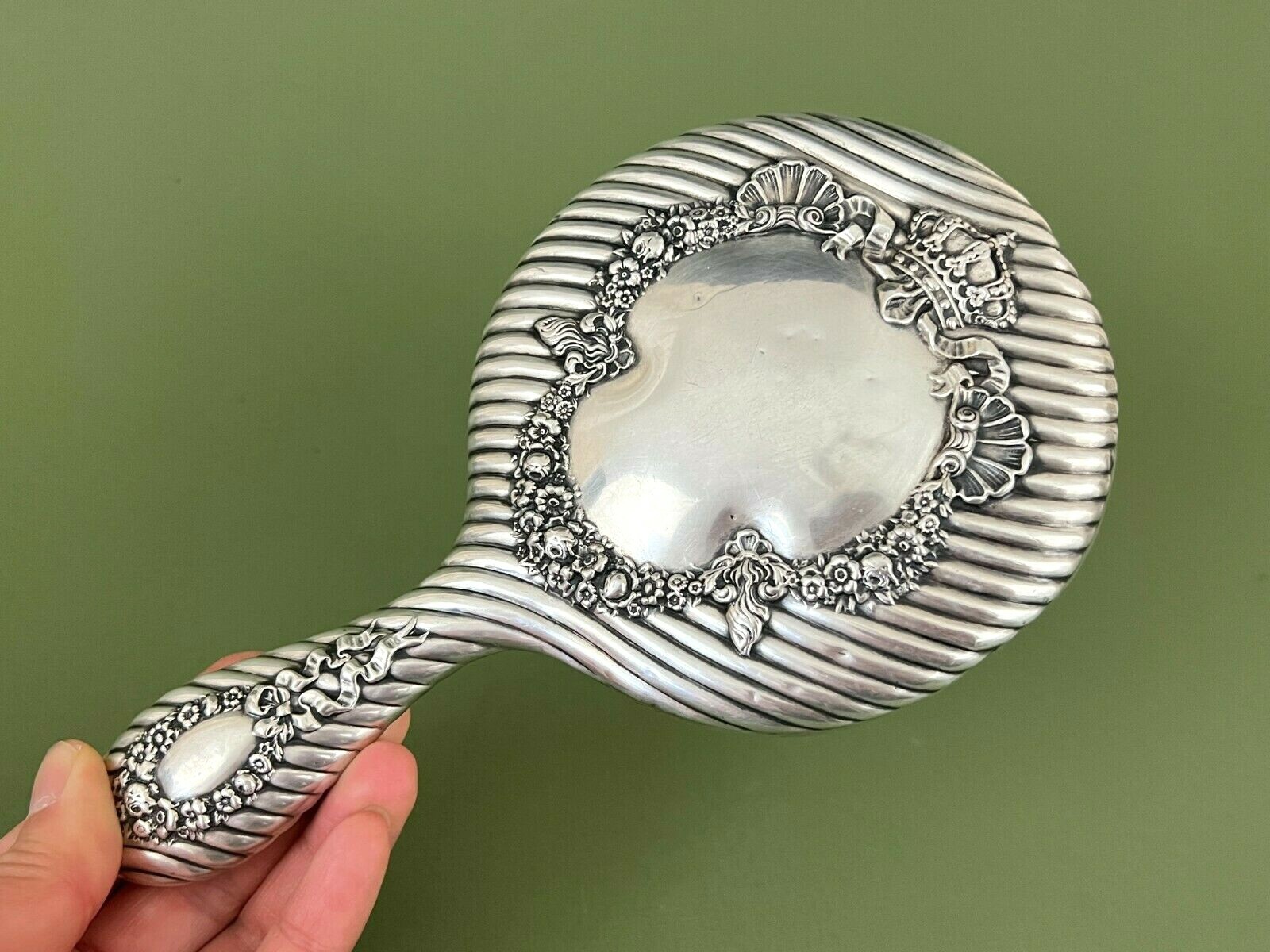 ATQ E.& J. Bass Signed Sterling Silver Ribbed Repousse Crown Flower Hand Mirror