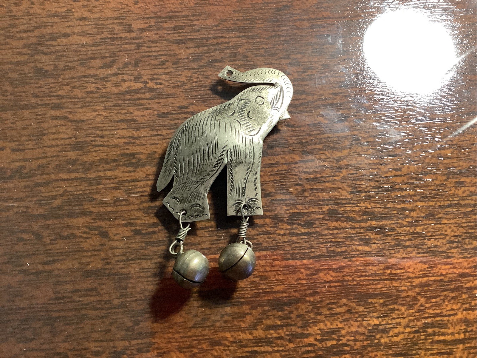 Vintage Metal Elephant Pendant Brooch w/ Dangling Bells Tribal Ethnic Jewelry 2″