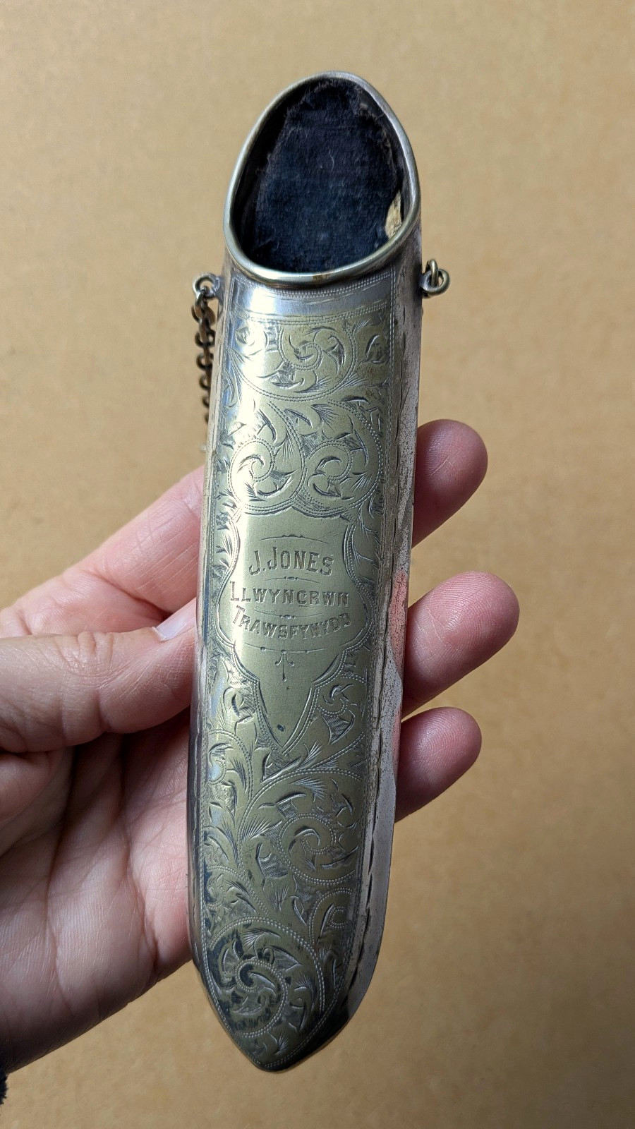 Antique silver plated engraved chatelaine spectacle case Trawsfynydd Wales